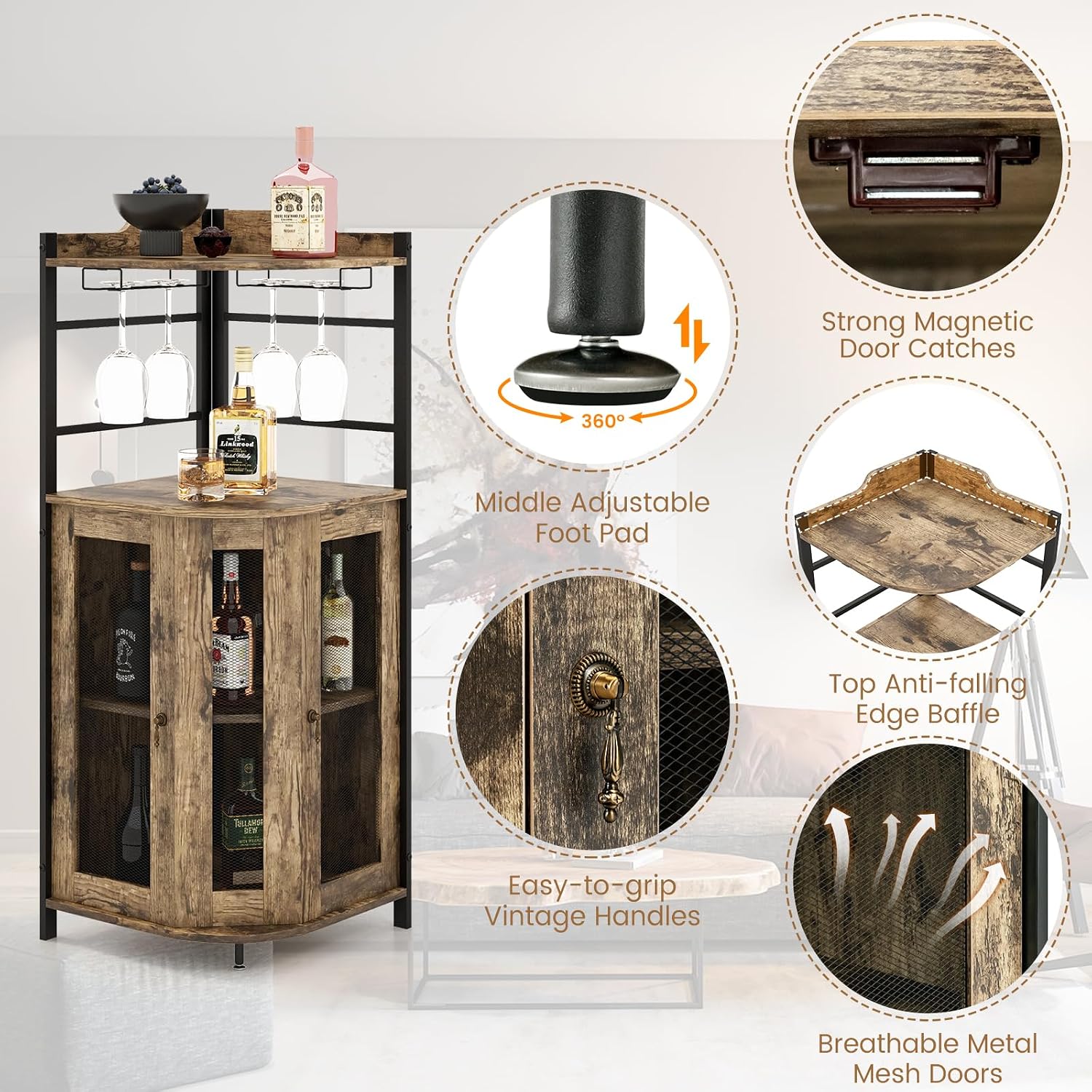 LOKO Corner Wine Bar Cabinet, Industrial Wine Cabinet with Metal Mesh Doors & Adjustable Shelf, Liquor Cabinet with Anti-toppling Device, Rustic Brown, 19 x 19 x 51 Inches (Taupe)
