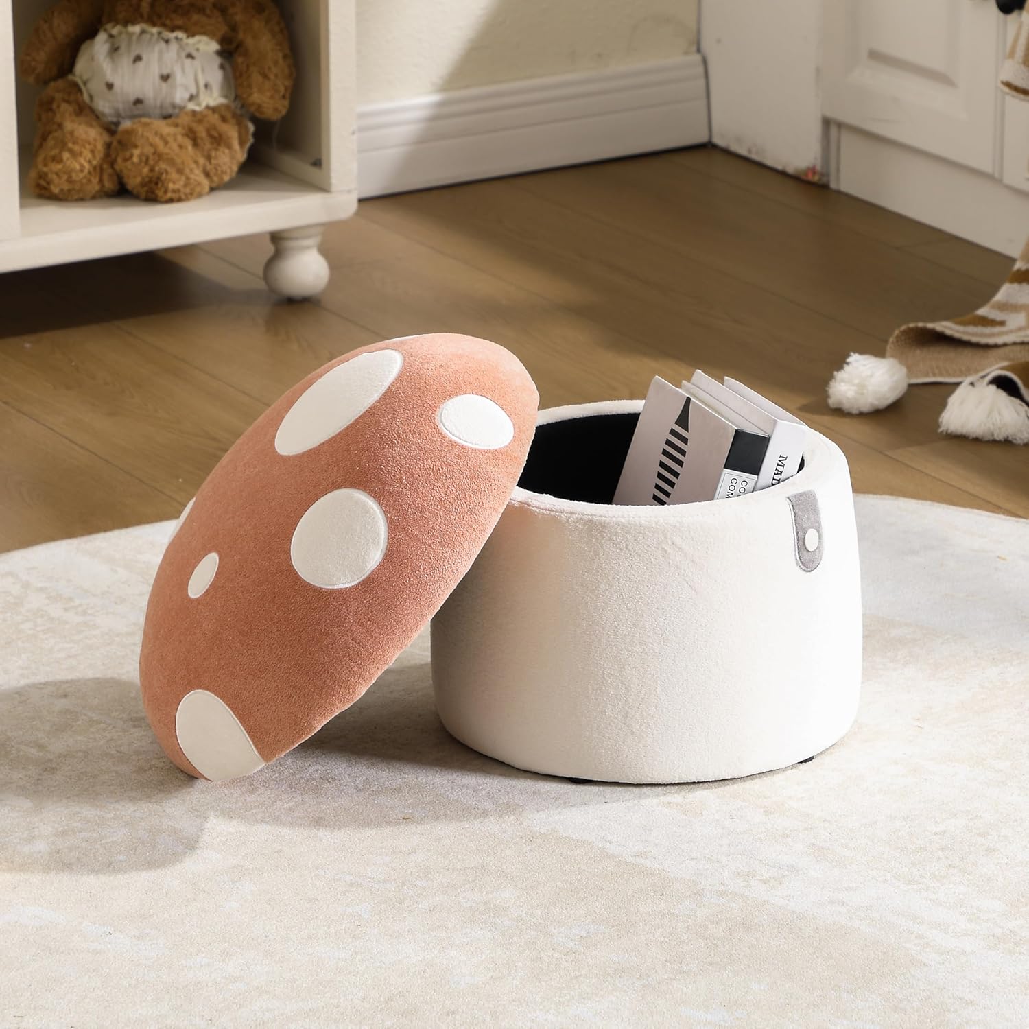 Kids Desk Chairs, Cute Mushroom Storage Ottoman, Mushroom Armchair, Children Round Storage Ottomans, Small Multi-Purpose Footstool for Playroom & Bedroom, Pink Mushroom