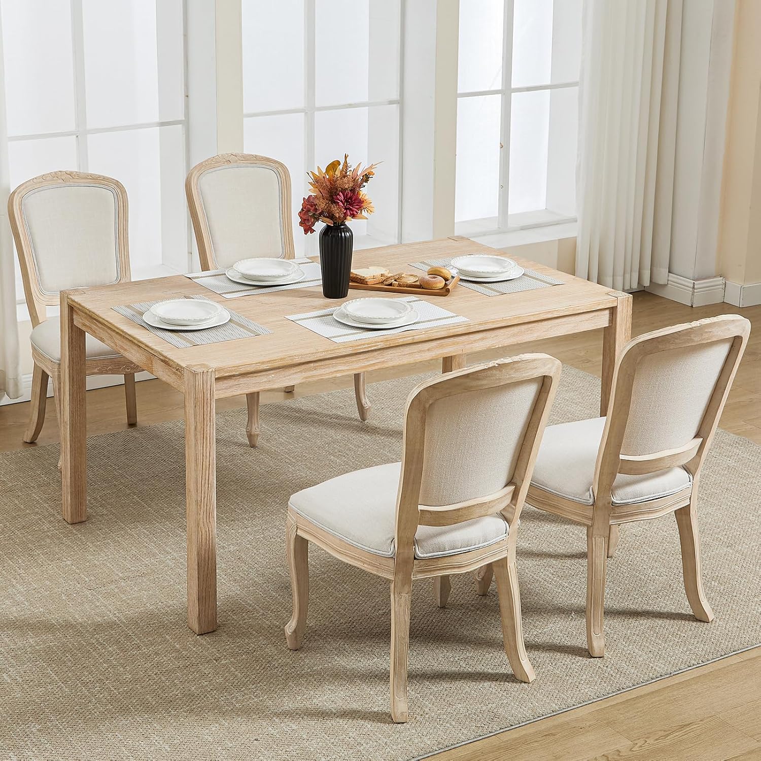 Kmax French Dining Chairs Set of 4, Farbric Upholstered Dining Chairs with Elegant Curved Legs High Back Armless Kitchen Chairs Side Chairs for Dining Room Restaurant - Linen, Beige/Brushed Legs