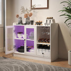 HedoAjim Wine Bar Cabinet with Tempered Acrylic Door & Rack, Freestanding Buffet Sideboard with Glass Holder, Coffee Bar Cabinet for Home Kitchen Living Dining Room, Drawers, Large, LED Lights(White)