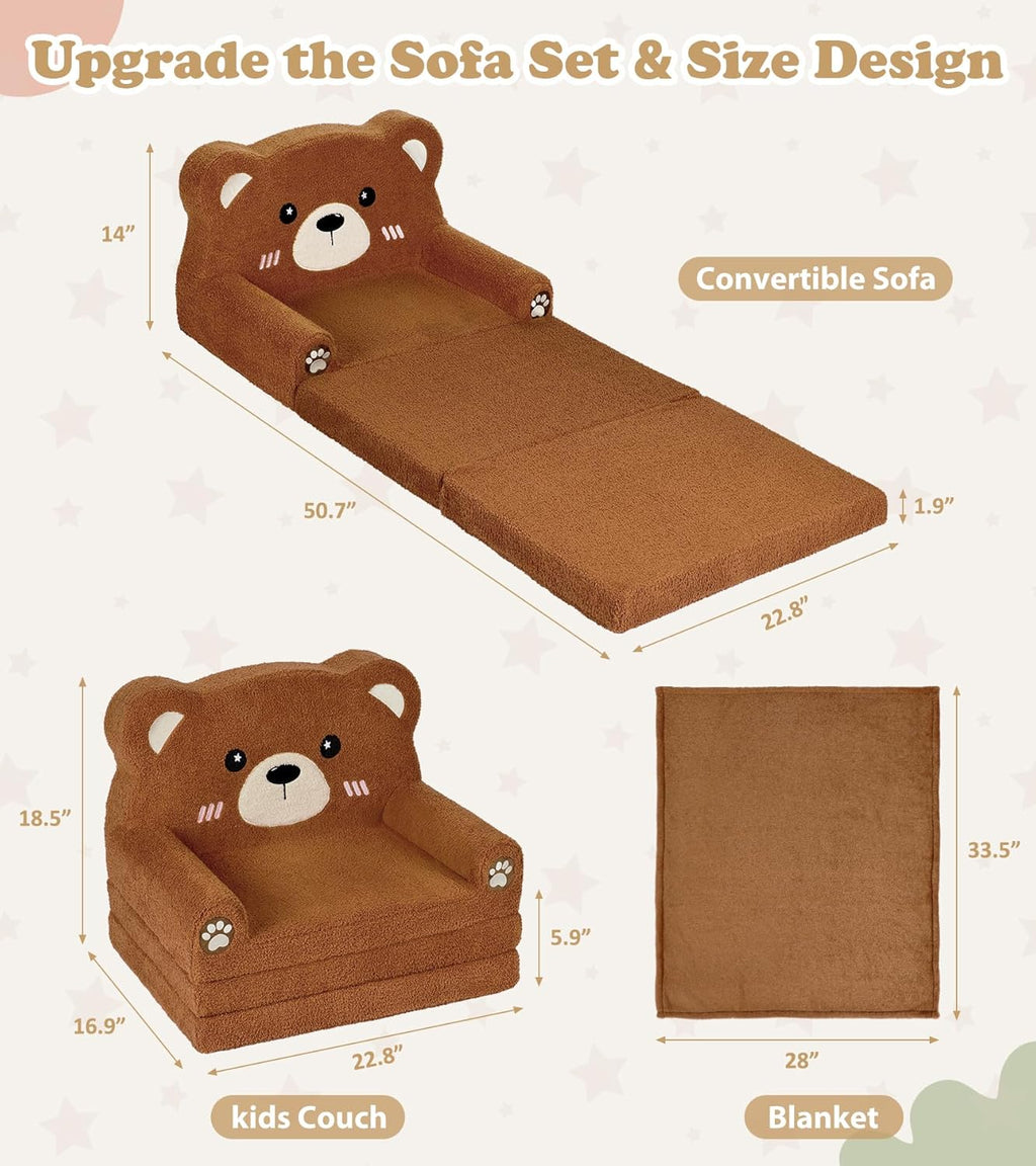 Foryoomi Kids Couch, 2-in-1 Soft Toddler Couch Fold Out with Blanket, Chair Comfy, Foldable Convertible Plush Sofa, Gifts for Kids Girl Boys, Bear