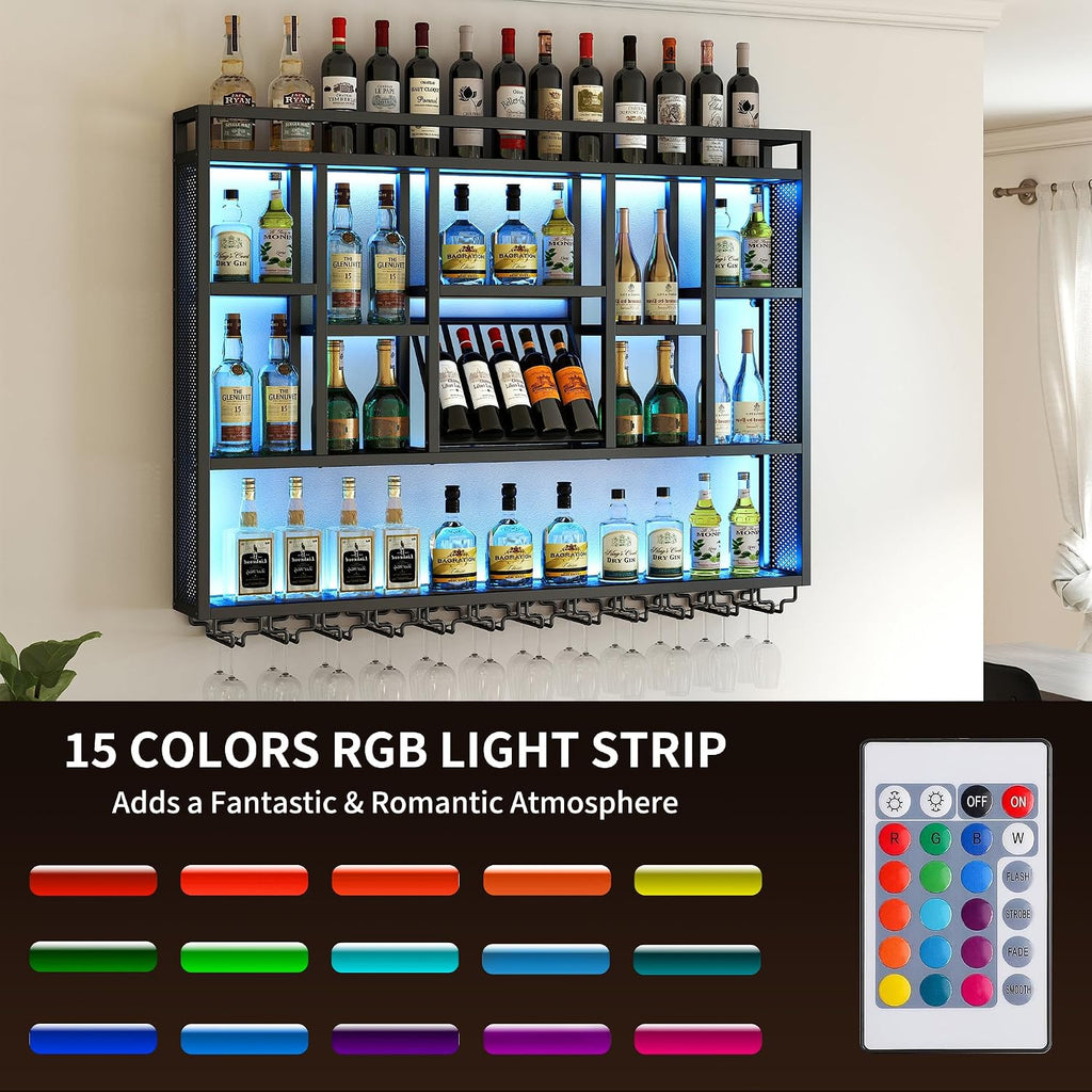 4-Tiers 59in Wine Rack Wall Mounted with LED Light, Floating Bar Shelves for Liquor Bottles, Metal Industrial Hanging Display Shelf for Home Kitchen Bar Cafe Wine Cellar Decoration