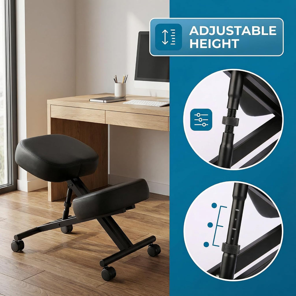 Ergonomic Office Kneeling Chair, Height Adjustable Stool with Thick Foam Cushions and Smooth Gliding Casters to Improve Posture and Relieve Pain, Multifunctional Design for Home and Office