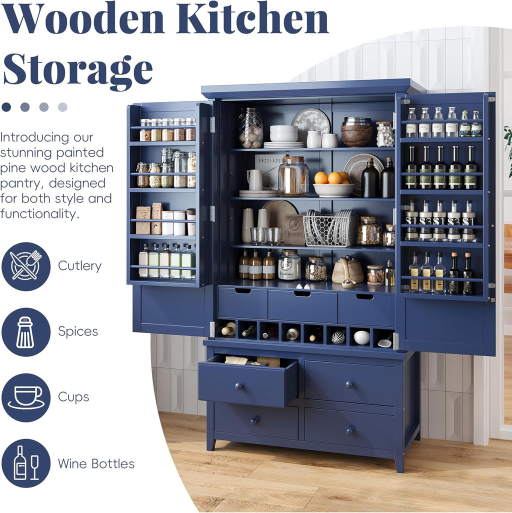 Freestanding Large Kitchen Pantry Wooden Kitchen Storage Cabinet Cupboard with 8 Door Shelves,3 Adjustable Shelves,7 Drawers& 8 Wine Racks,Freestanding Buffet Cupboards for Kitchen Dining (Blue)
