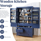 Freestanding Large Kitchen Pantry Wooden Kitchen Storage Cabinet Cupboard with 8 Door Shelves,3 Adjustable Shelves,7 Drawers& 8 Wine Racks,Freestanding Buffet Cupboards for Kitchen Dining (Blue)