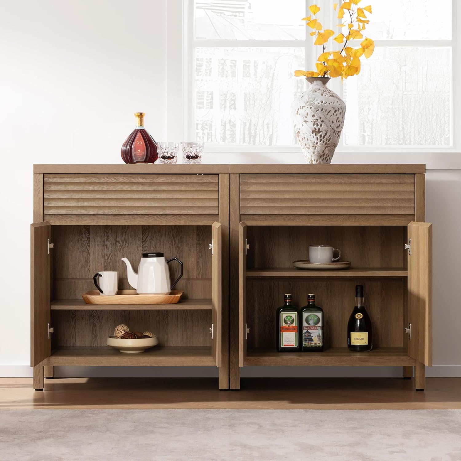 SICOTAS 29" Fluted Buffet Cabinet with Storage, Modern Sideboard Cabinet with Drawer & Adjustable Shelves, Premium Credenza for Kitchen & Living Room, Reclaimed Caramel Oak