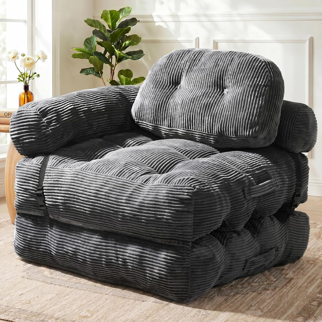 Folding Sofa Bed, L-Shaped Couch Back Support and Arm Pillow Futon, Convertible Sofa Bed for Living Room/Guest Use/Home Office, Boneless Foldable Couch for Adults, Dark Gray
