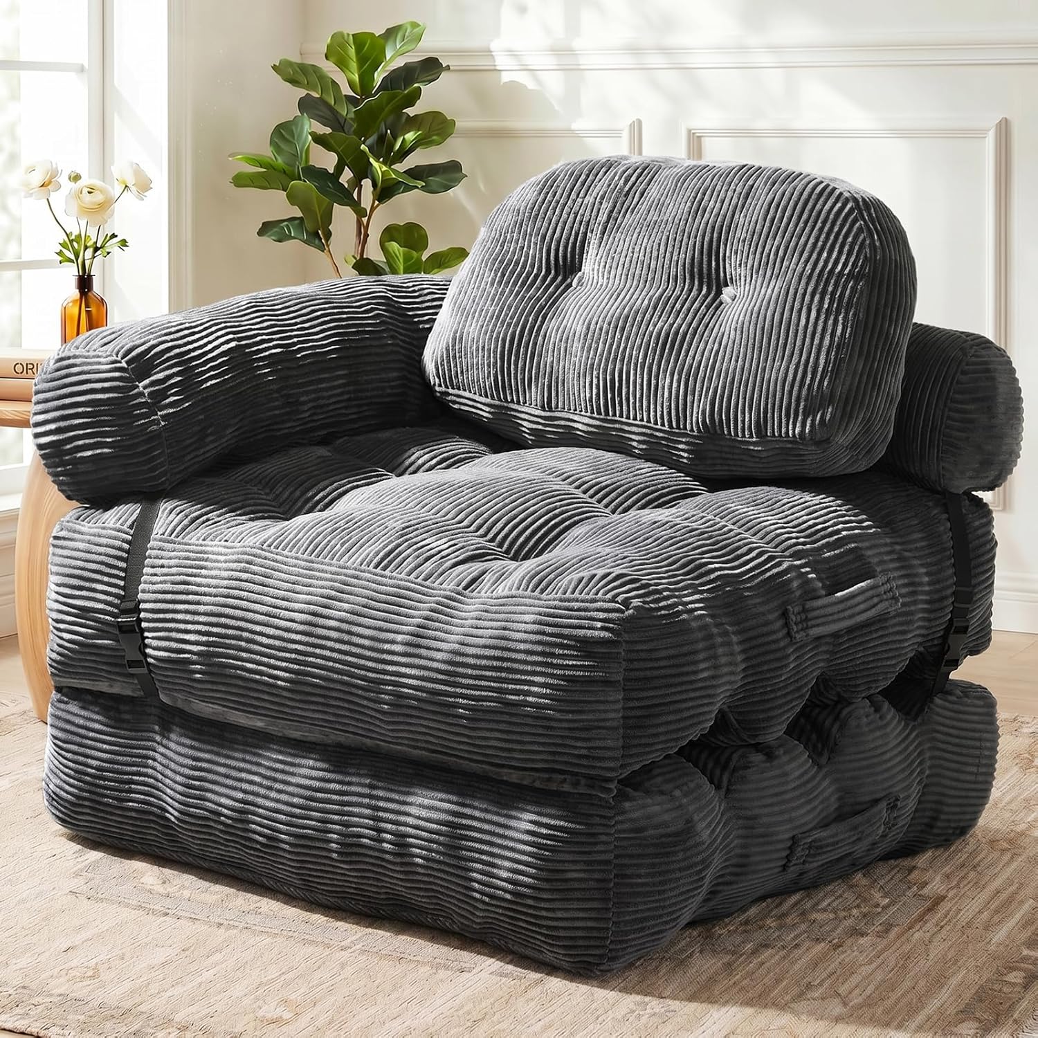 Folding Sofa Bed, L-Shaped Couch Back Support and Arm Pillow Futon, Convertible Sofa Bed for Living Room/Guest Use/Home Office, Boneless Foldable Couch for Adults, Dark Gray