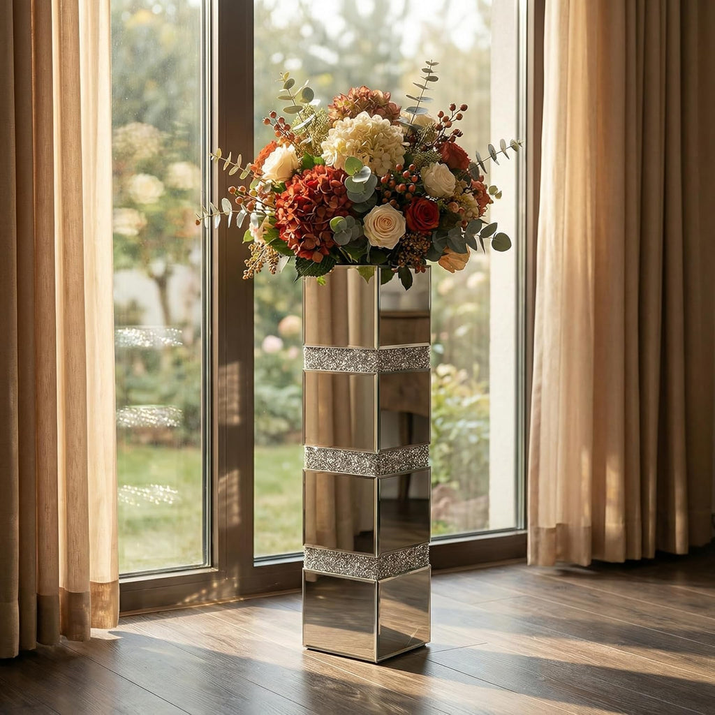 30" Large Crushed Diamond Floor Vases,Tall Mirrored Silver Crystal Vase, Floor Vases Decorative Tall,Big vase for Home,Office,Hotel (8" L x 8" W x 30" H)