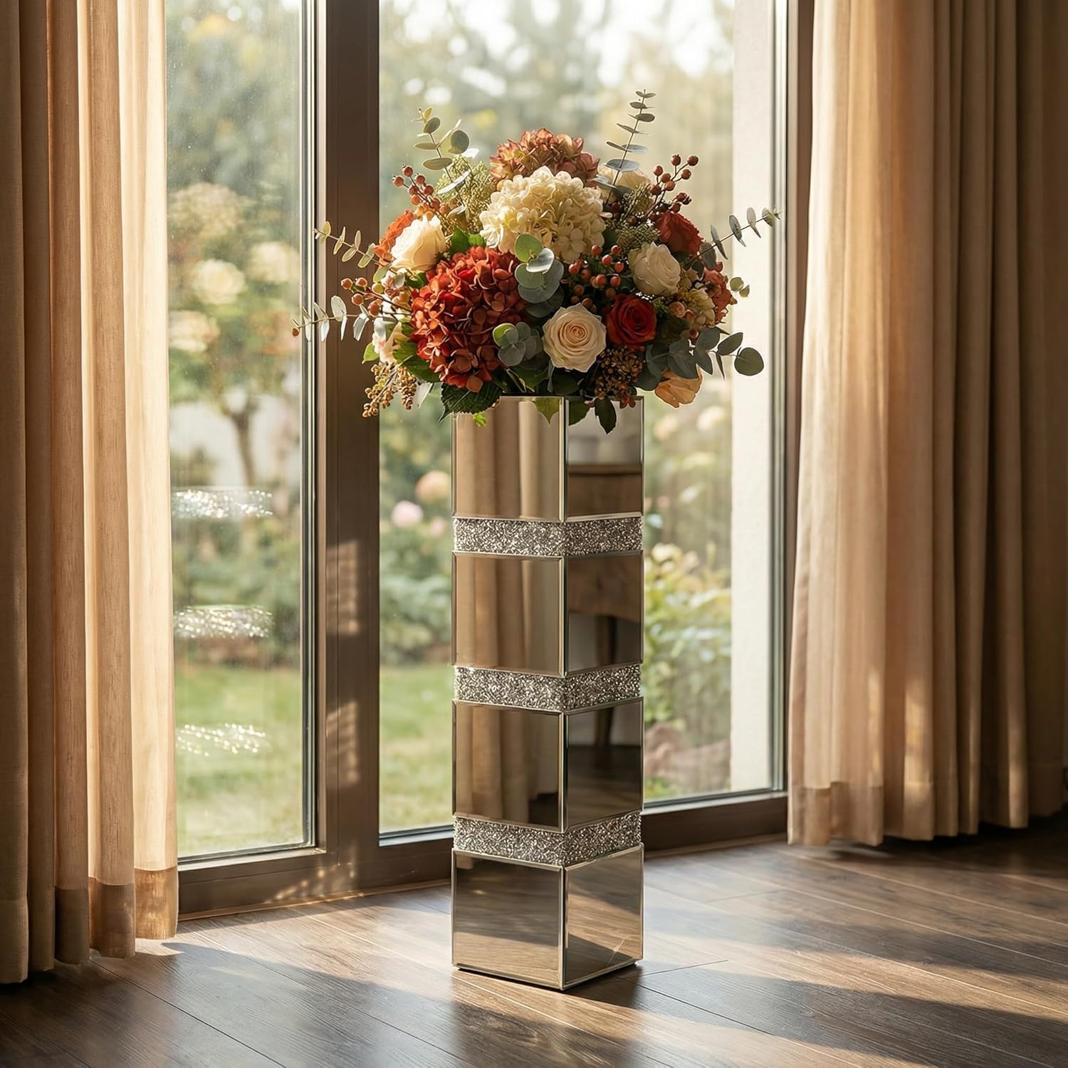 30" Large Crushed Diamond Floor Vases,Tall Mirrored Silver Crystal Vase, Floor Vases Decorative Tall,Big vase for Home,Office,Hotel (8" L x 8" W x 30" H)