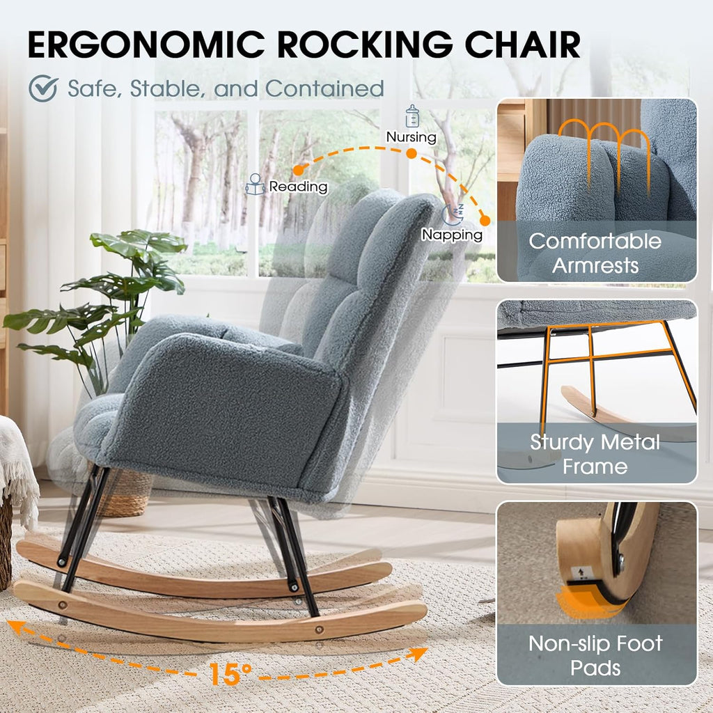 Nursery Rocking Chair, Teddy Upholstered Glider Chair with High Backrest, Tufted Rocker Glider Chair with Thick Cushion, Cozy Rocking Armchair, Rocker Padded Seat for Bedroom(Blue)