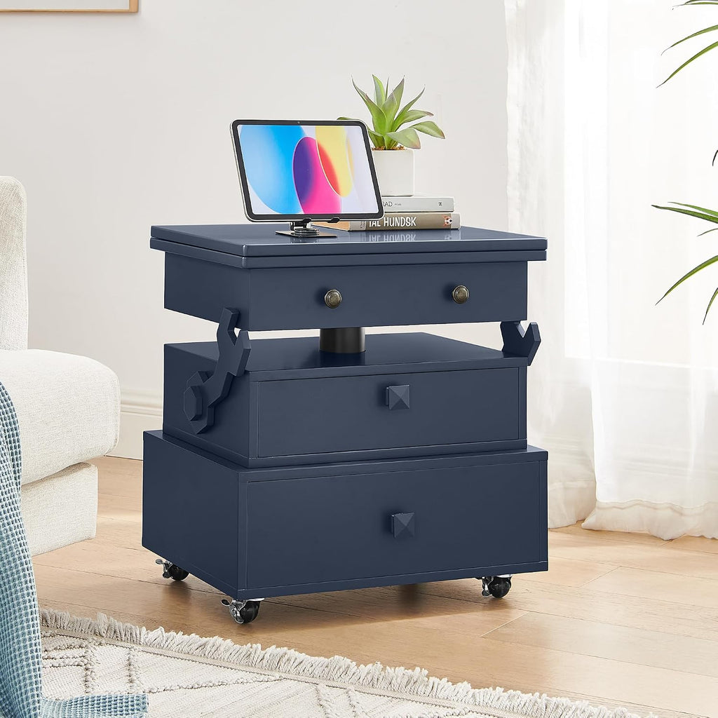 Virubi Adjustable Height Flip-Top Side Table with 2 Drawers & Charging Station, Lockable Wheels for Home Office, Living Room, Bedroom, Small Space, Multi-Functional Design, Blue