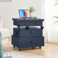 Virubi Adjustable Height Flip-Top Side Table with 2 Drawers & Charging Station, Lockable Wheels for Home Office, Living Room, Bedroom, Small Space, Multi-Functional Design, Blue