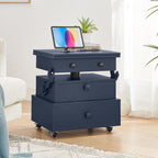 High Gloss Rolling Lift Top End Table with Charging Station, Height Adjustable Mobile Side Table with Storage Drawer and Lockable Wheels, Space-Saving Nightstand for Living Room Bedroom, Blue