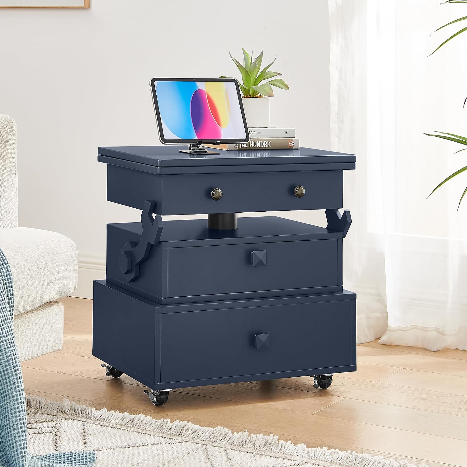 High Gloss Rolling Lift Top End Table with Charging Station, Height Adjustable Mobile Side Table with Storage Drawer and Lockable Wheels, Space-Saving Nightstand for Living Room Bedroom, Blue