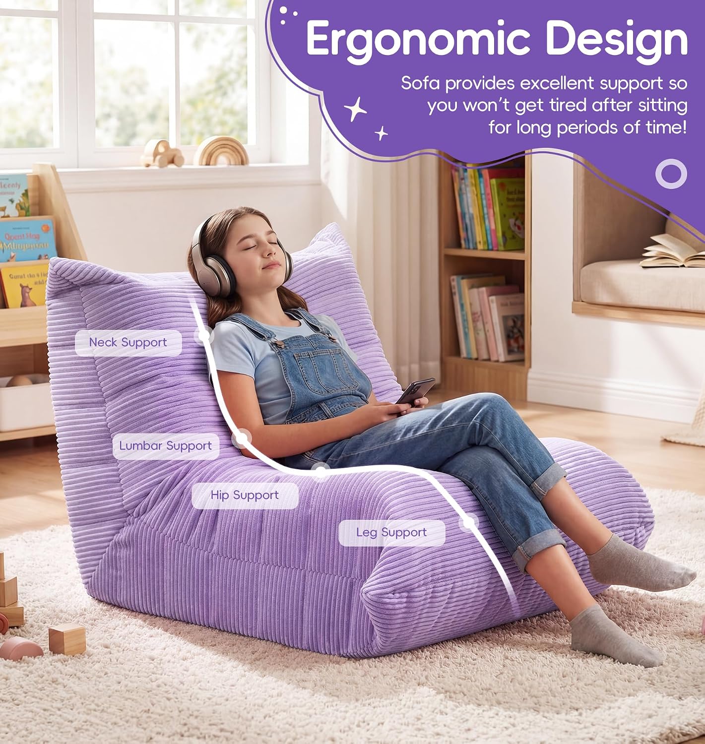 Hobestluk Large Bean Bag Chair for Teens Beanbag Couch with Spacious Design | Toddler Bean Bag Chair, Memory Foam Filler, Corduroy Cover, Ergonomic Design, For Reading, Gaming, Lounging, Large, Purple