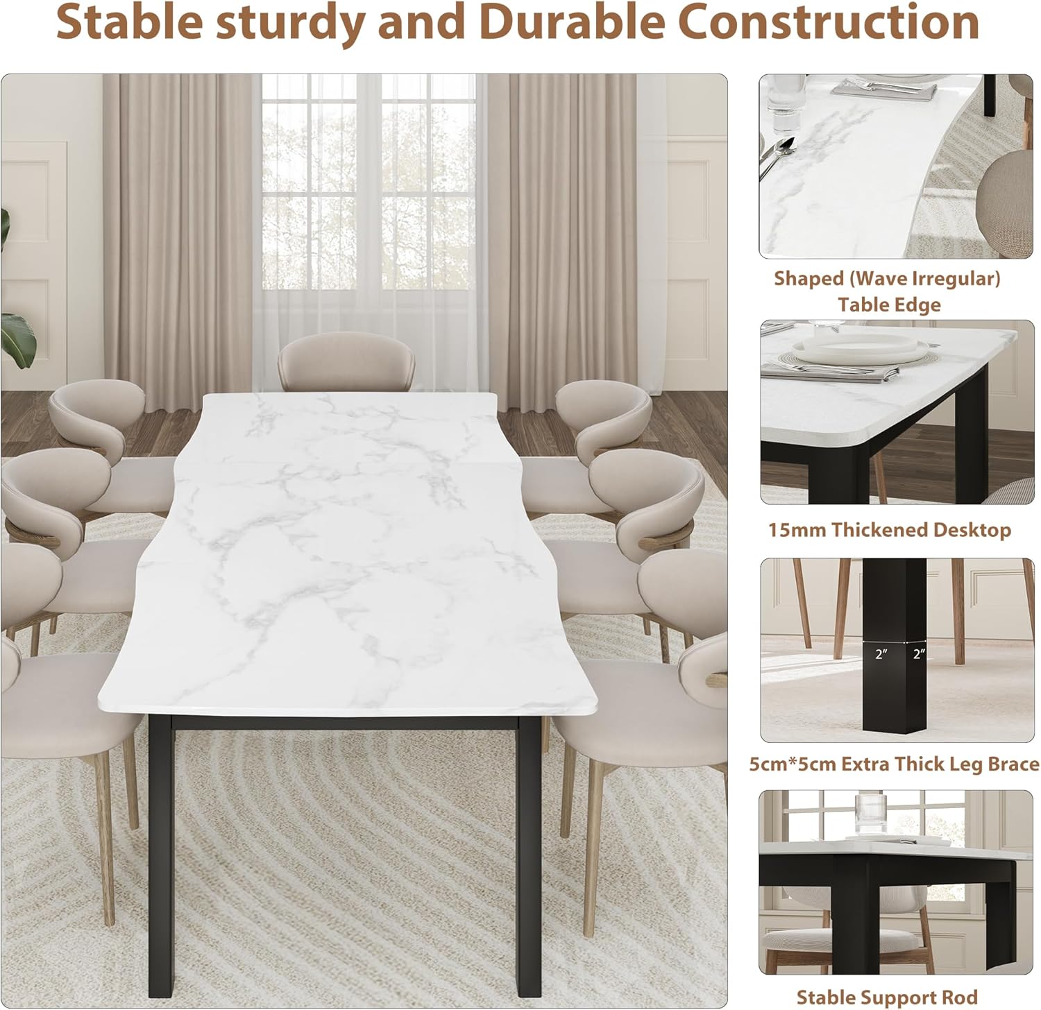 IDEALHOUSE Dining Room Table for 6-8 People, 79”Dining Table, Kitchen Table with Iron Legs and Irregular Desktop, Quick Assembly, 300 Lbs Capacity, for Kitchen, Living Room, Marble(Only Table)