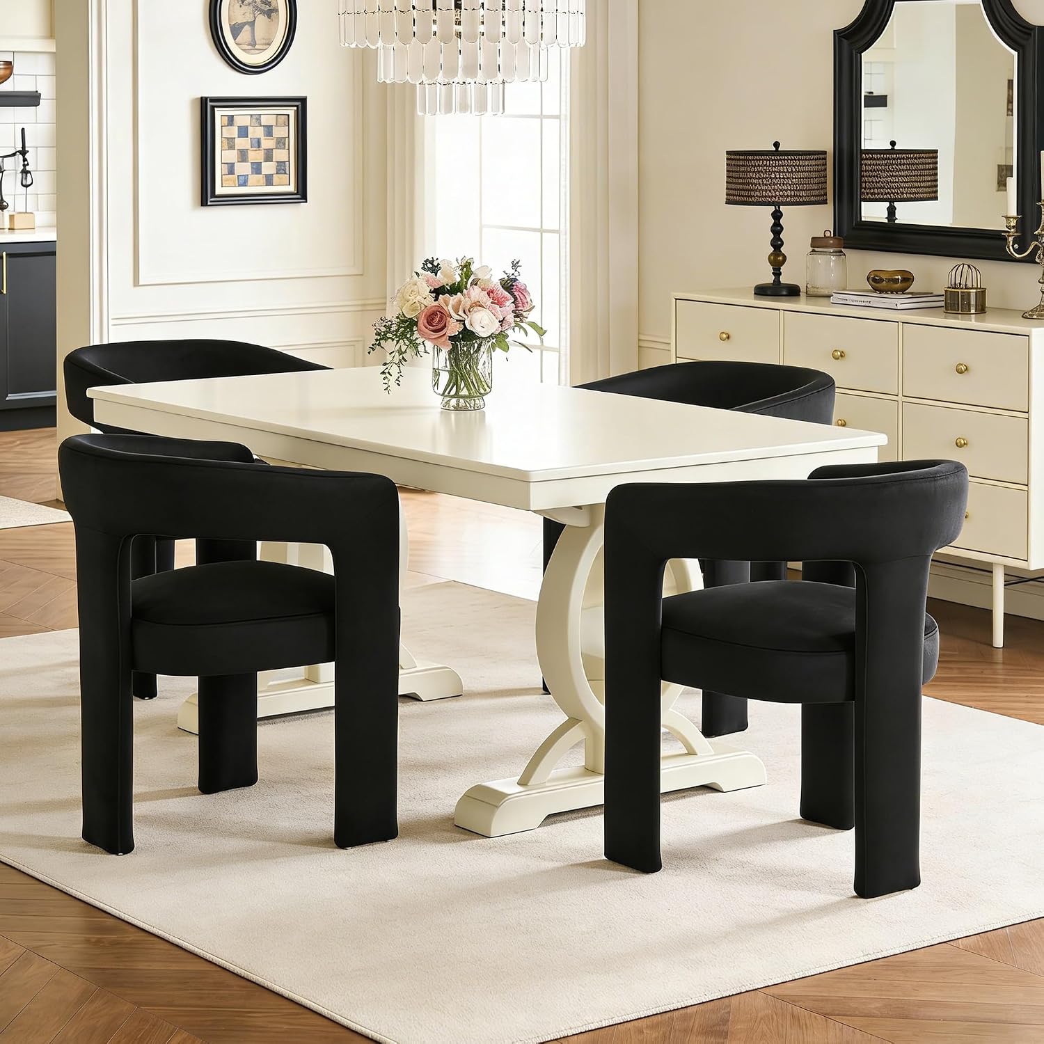 Modern Barrel Dining Chairs Set of 6, No Assembly Velvet Upholstered Dining Room Chairs with Open Back and 3 Legs, Comfy Accent Armchairs for Living Room/Bedroom/Kitchen/Reading, Black