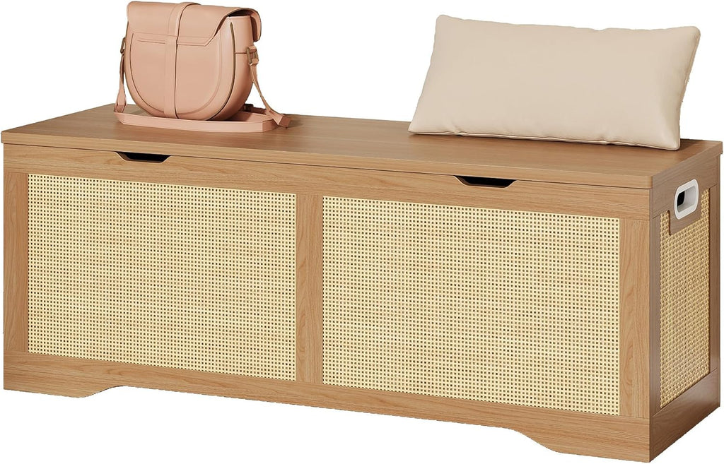 LIKIMIO 47.2" Rattan Storage Ottoman Bench Chest, End of Bed Bench, Storage Chest, Extra Large Entryway Trunk Toy Box for Bedroom, Living Room, Rustic Wood