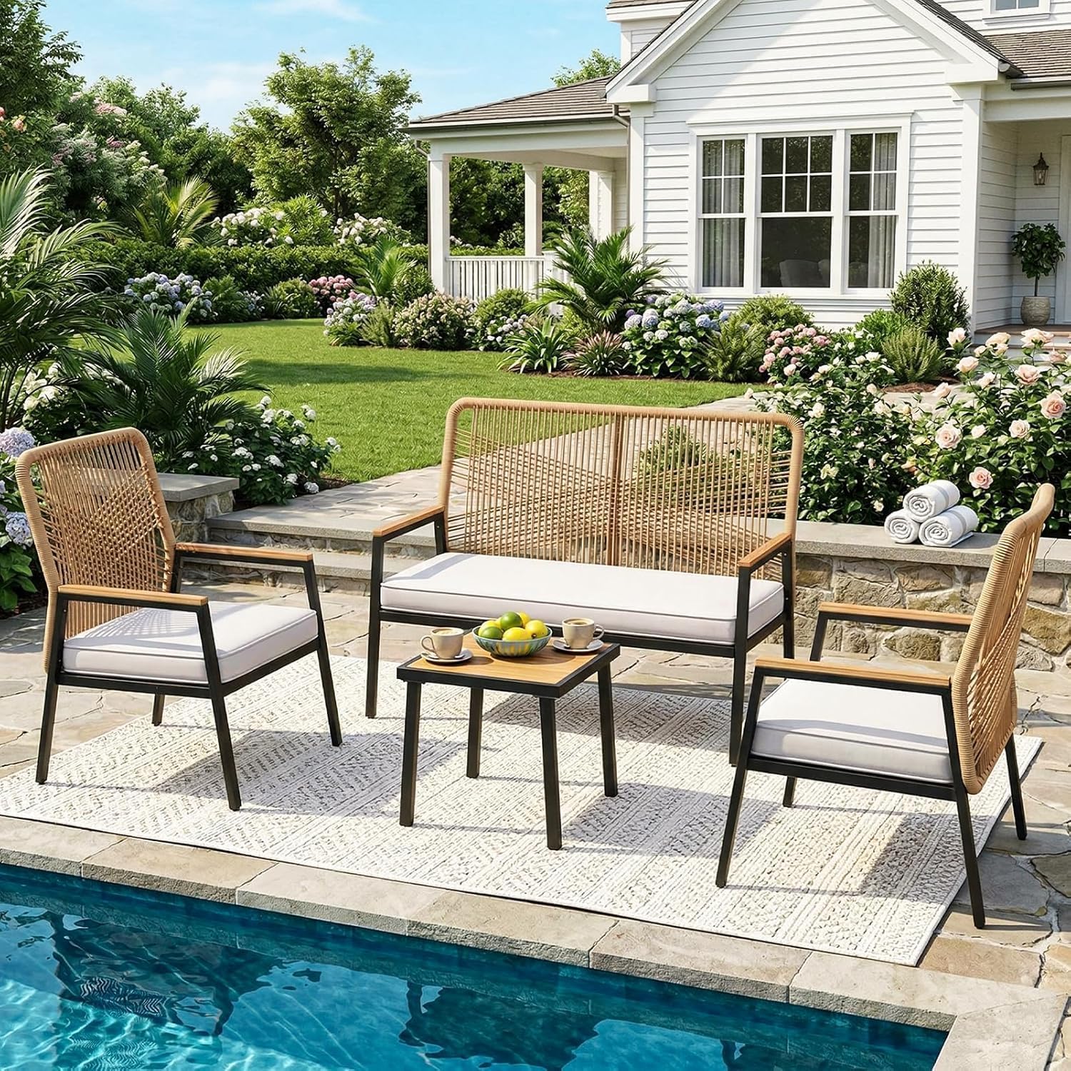 LIFERUN 8-Piece Patio Armchairs Set, Wide Outdoor Rattan Chairs (22in Seat Width) with Ergonomic Curved Backrest, 3.15in Thick Cushions, WPC Armrest, for Balcony, Backyard, Terrace, Beige