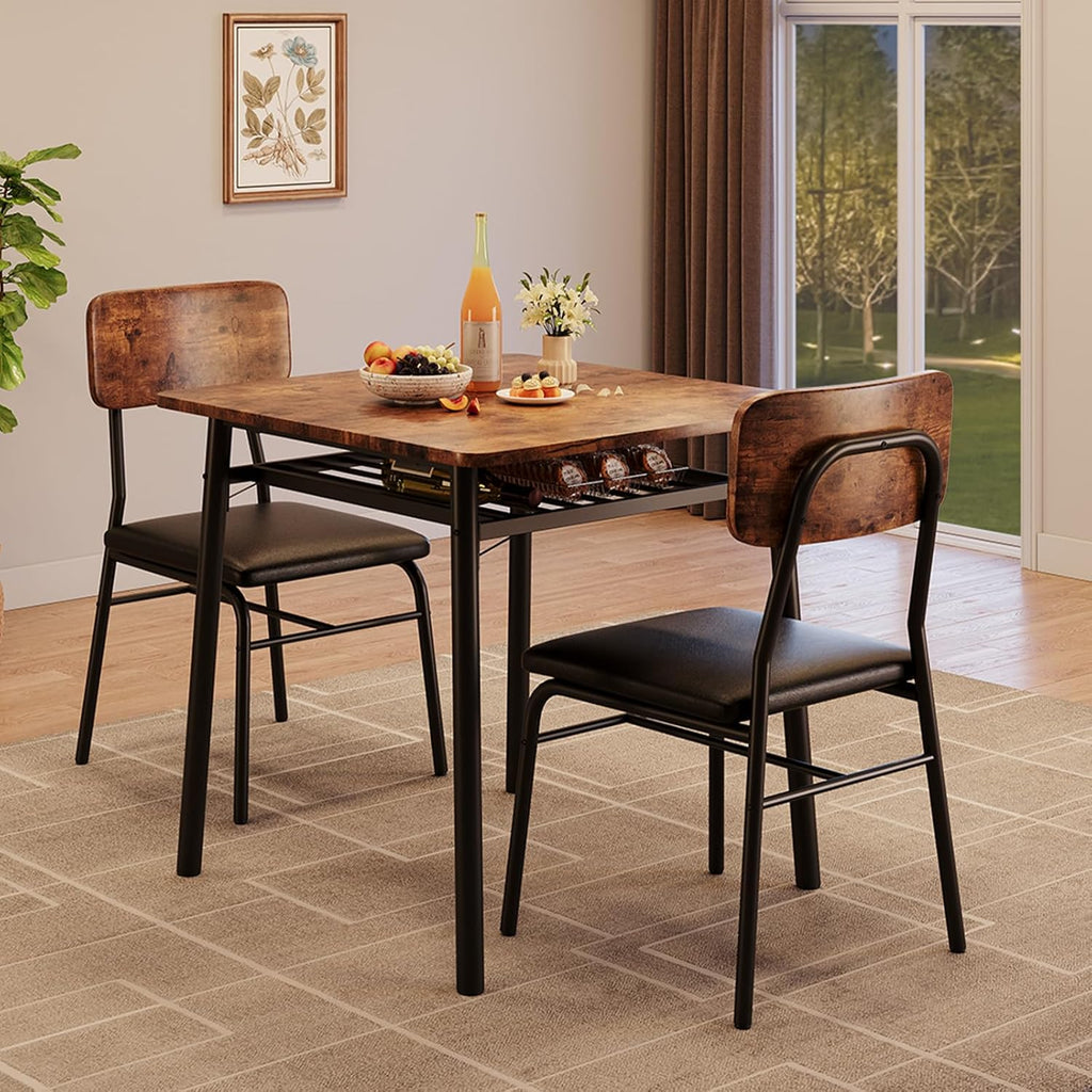 IDEALHOUSE Small Dining Table Set for 2, 3-Piece Dining Set with Storage Rack, Wood Kitchen Table with Upholstered Chairs, Square Table Set with Metal Legs Support, for Dining Room, Living Room, Brown