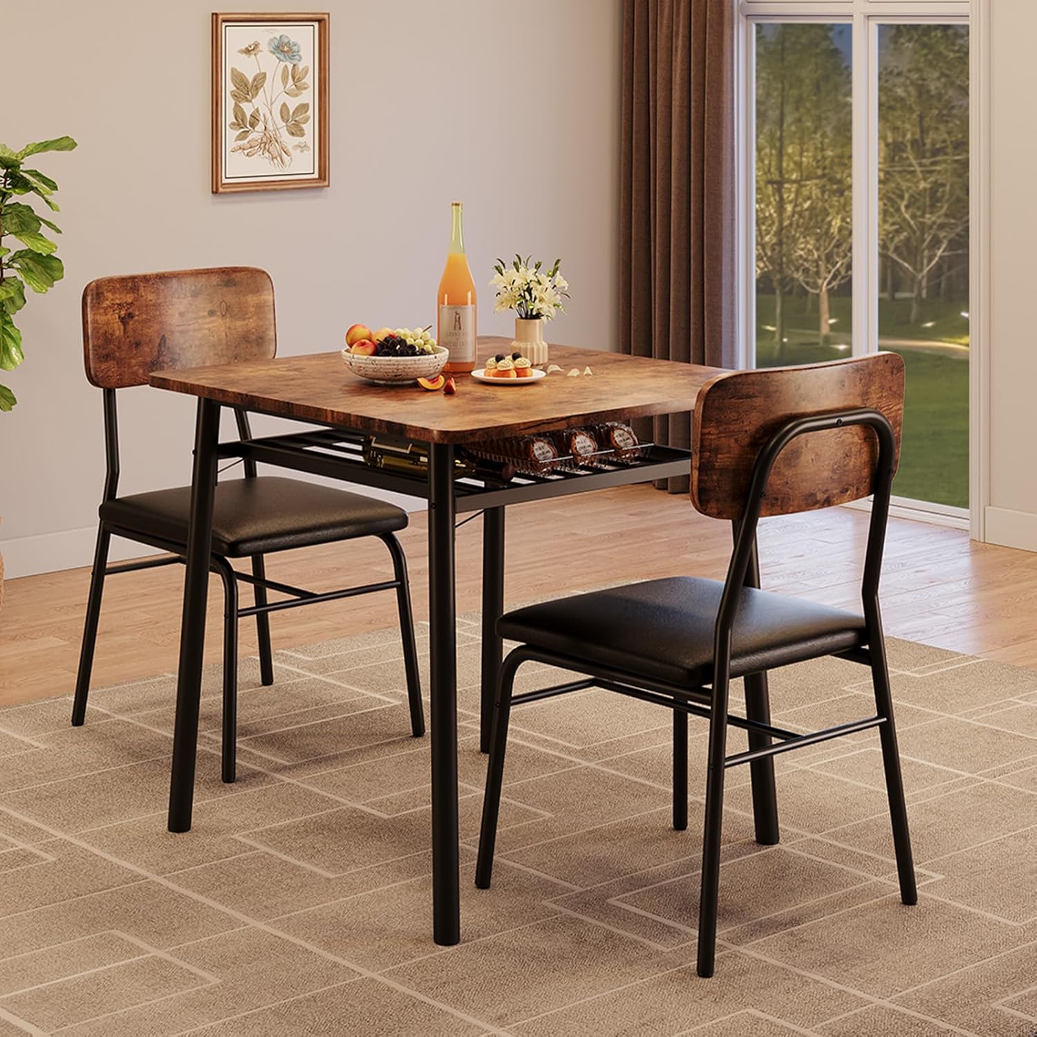 IDEALHOUSE Small Dining Table Set for 2, 3-Piece Dining Set with Storage Rack, Wood Kitchen Table with Upholstered Chairs, Square Table Set with Metal Legs Support, for Dining Room, Living Room, Brown