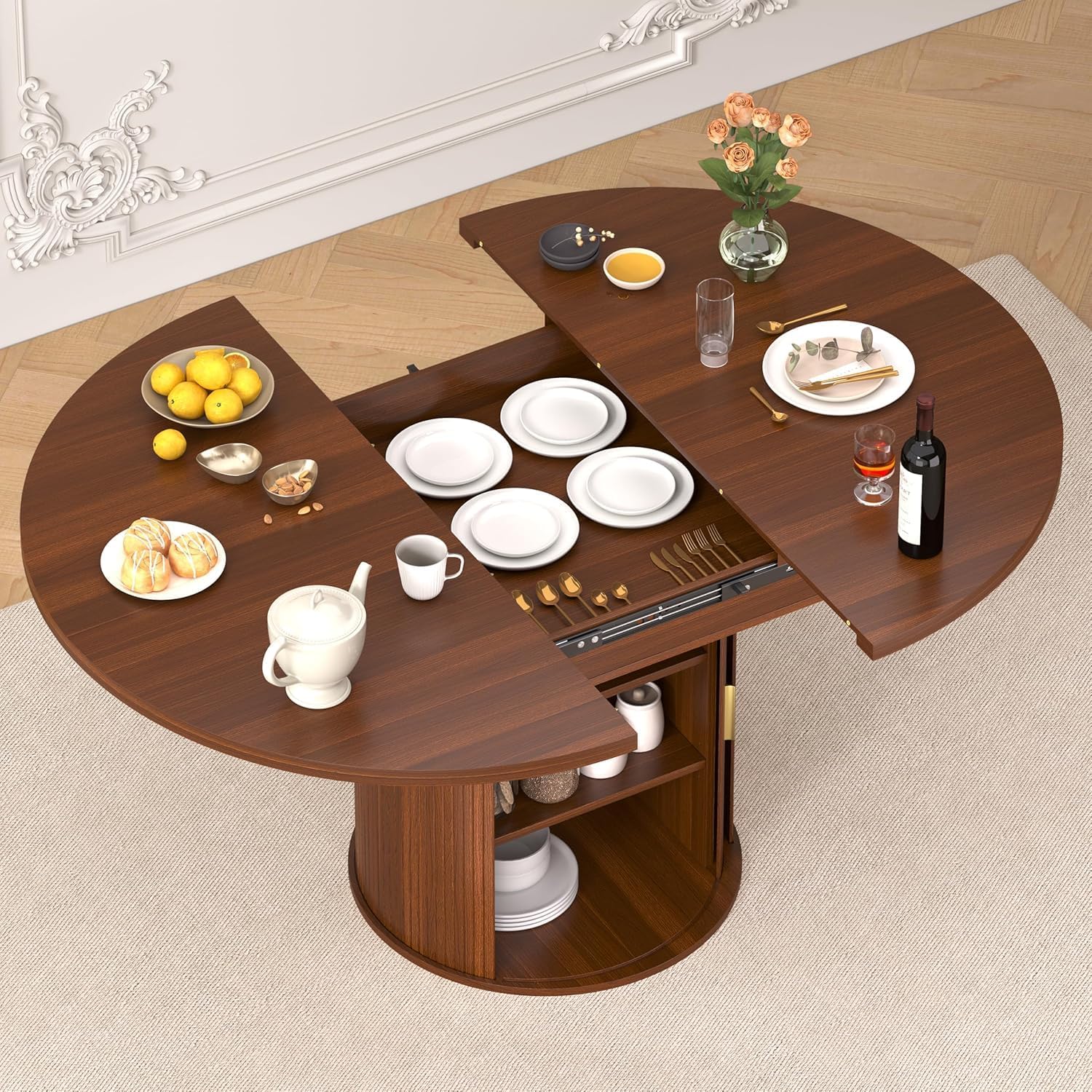 DHH 47"-63" Extendable Round Dining Table for 4–8 with Storage, Mid Century Modern Farmhouse Wood Oval Dinner Table with Pedestal Base for Kitchen, Living Room (Walnut)