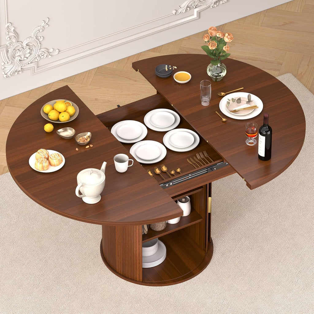 DHH 47"-63" Extendable Round Dining Table for 4–8 with Storage, Mid Century Modern Farmhouse Wood Oval Dinner Table with Pedestal Base for Kitchen, Living Room (Walnut)