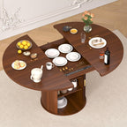 DHH 47"-63" Extendable Round Dining Table for 4–8 with Storage, Mid Century Modern Farmhouse Wood Oval Dinner Table with Pedestal Base for Kitchen, Living Room (Walnut)