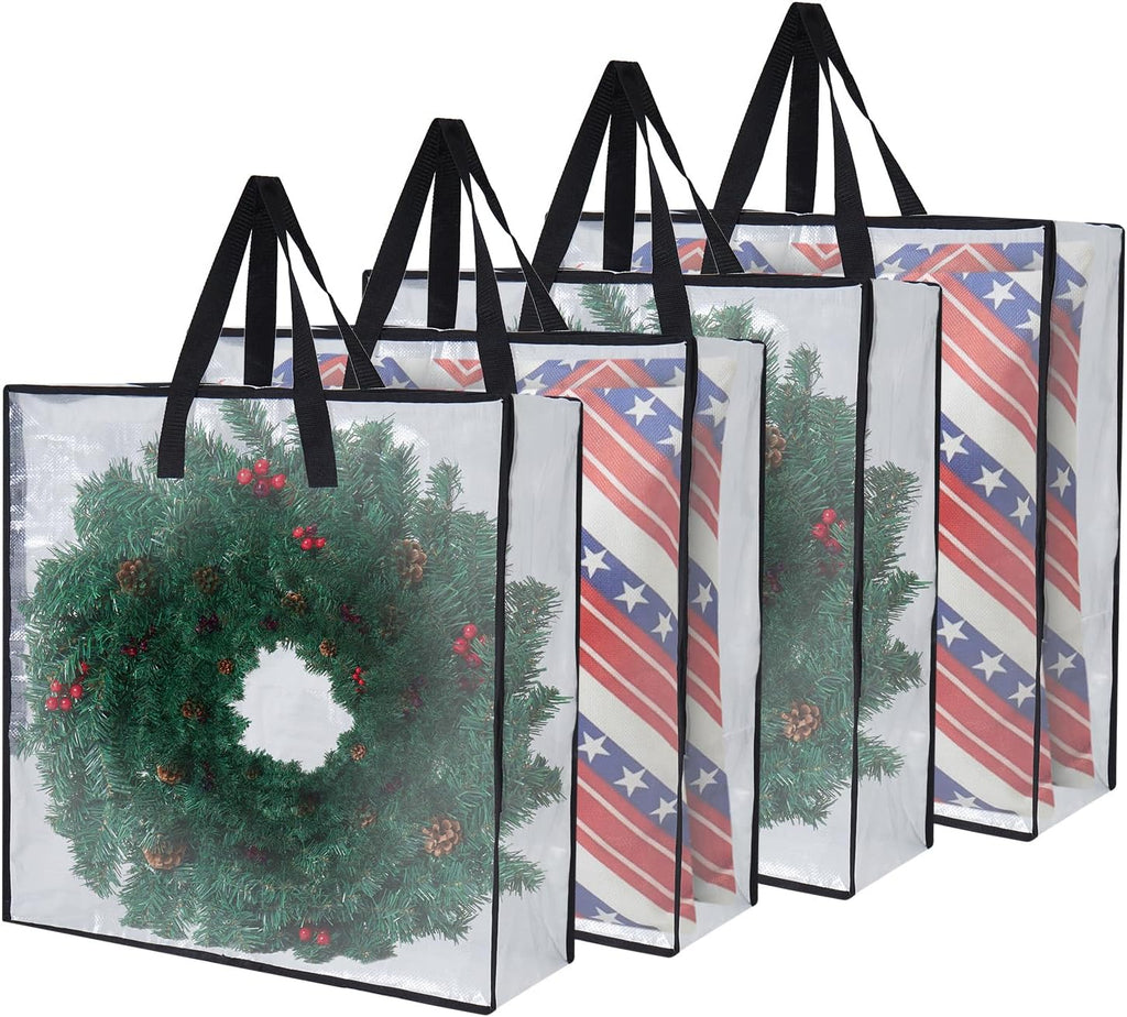 Heavy-Duty Clear Wreath Storage Bag & Sturdy Moving Box Alternative – 26 Inch Large Capacity Container with Zipper for Christmas Decorations, Seasonal Wreaths, Clothes, Bedding,Gift (4-Pack)