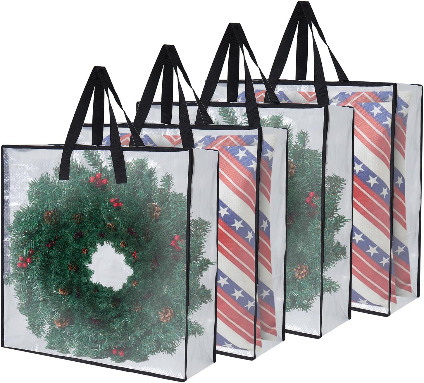 Heavy-Duty Clear Wreath Storage Bag & Sturdy Moving Box Alternative – 26 Inch Large Capacity Container with Zipper for Christmas Decorations, Seasonal Wreaths, Clothes, Bedding,Gift (4-Pack)