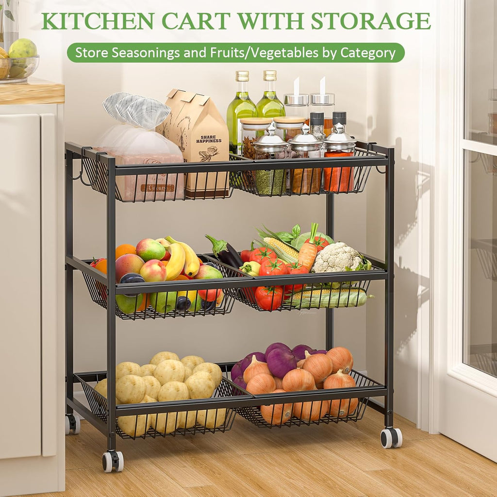 3-Tier Rolling Pantry Floor Organizer Cart with 6 Detachable Baskets, Metal Wire Fruit Basket Stand with Wheels, Kitchen Storage Cart for Fruit Vegetables, Snack Cart for Pantry Kitchen Living Room
