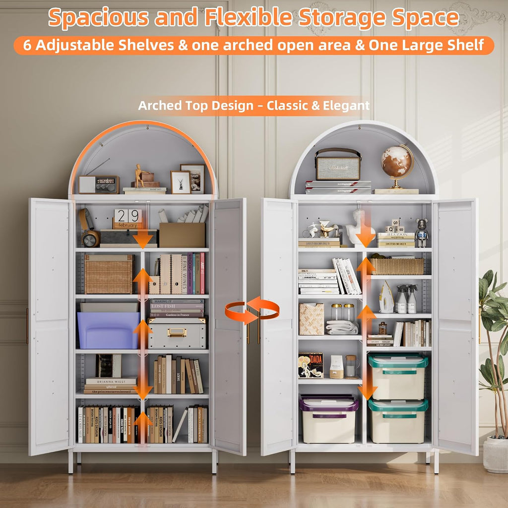 72.8" H White Metal Arched Pantry Cabinet, 30.7" W, 2-Door | Kitchen storage cupboard with 6 adjustable shelves, and anti-tip kit for pantry, dining, laundry, or bath, Assembly Required