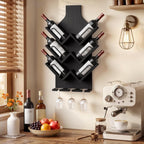 Hoctieon Wine Rack Wall Mounted, 6 Bottles Wood Wine Rack for Display and Storage, Hanging Bottle Holder Bar Shelves for Living Room, Kitchen, Dining Room, Wine Cellar, Black