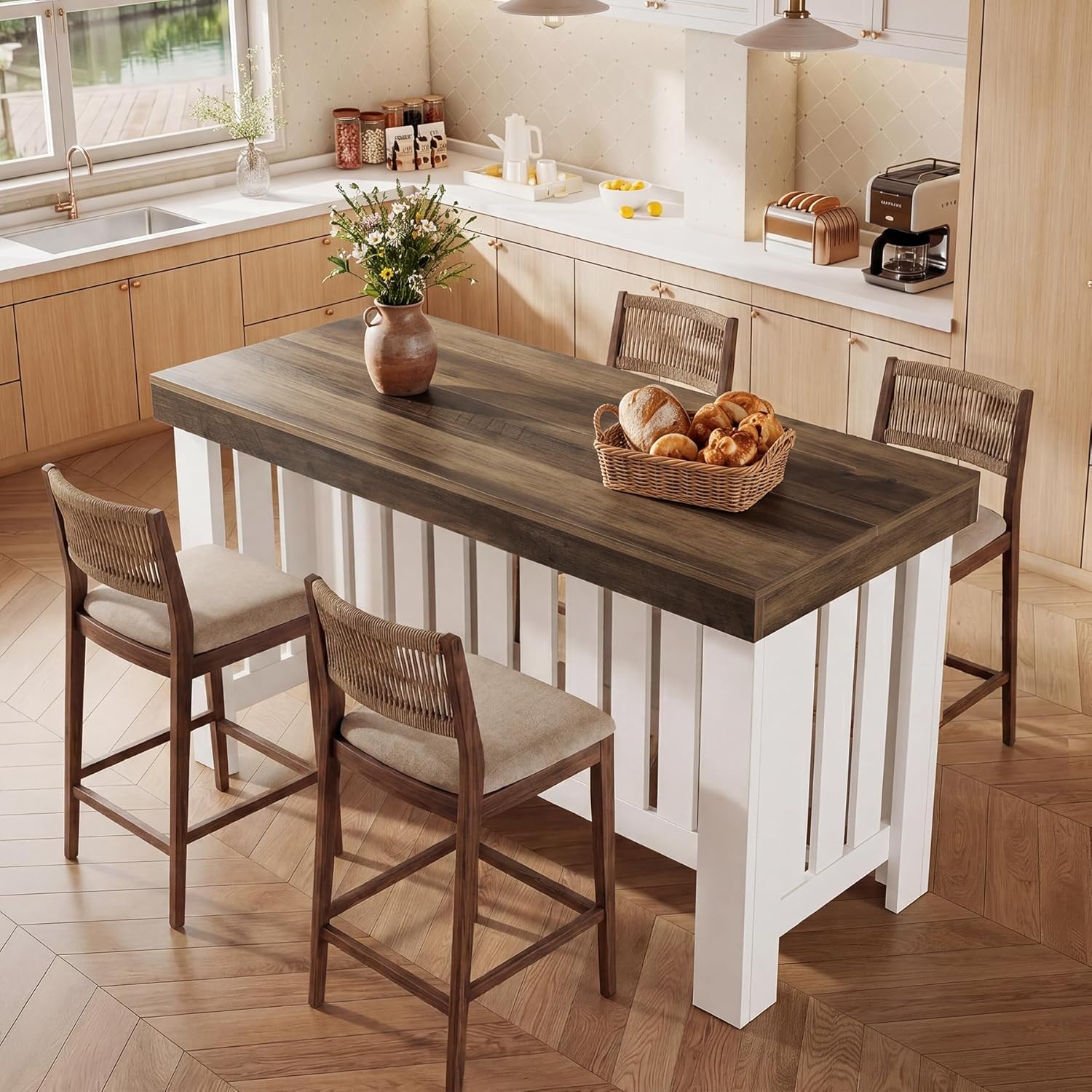 Tribesigns 55" Kitchen Island, Farmhouse Large Stationary Wood Table with Sturdy Base, Freestanding with Large Worktop & Leg Room for Kitchen, Dining Room (White and Brown)