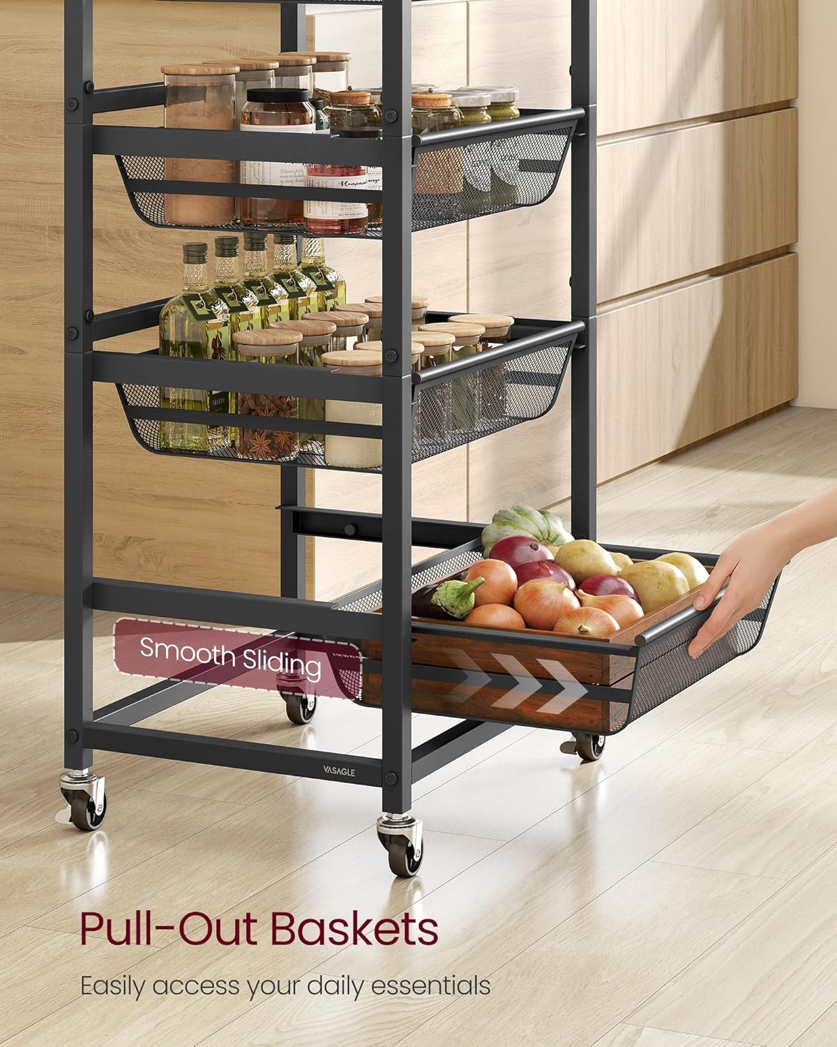 VASAGLE Storage Rolling Cart with Pull-Out Baskets, 5-Tier Utility Cart Orgnizer with Wheels for Laundry Room, Kitchen, Handle, 12.5 x 15.8 x 37.4 Inches, Rustic Brown and Ink Black ULRC041K01