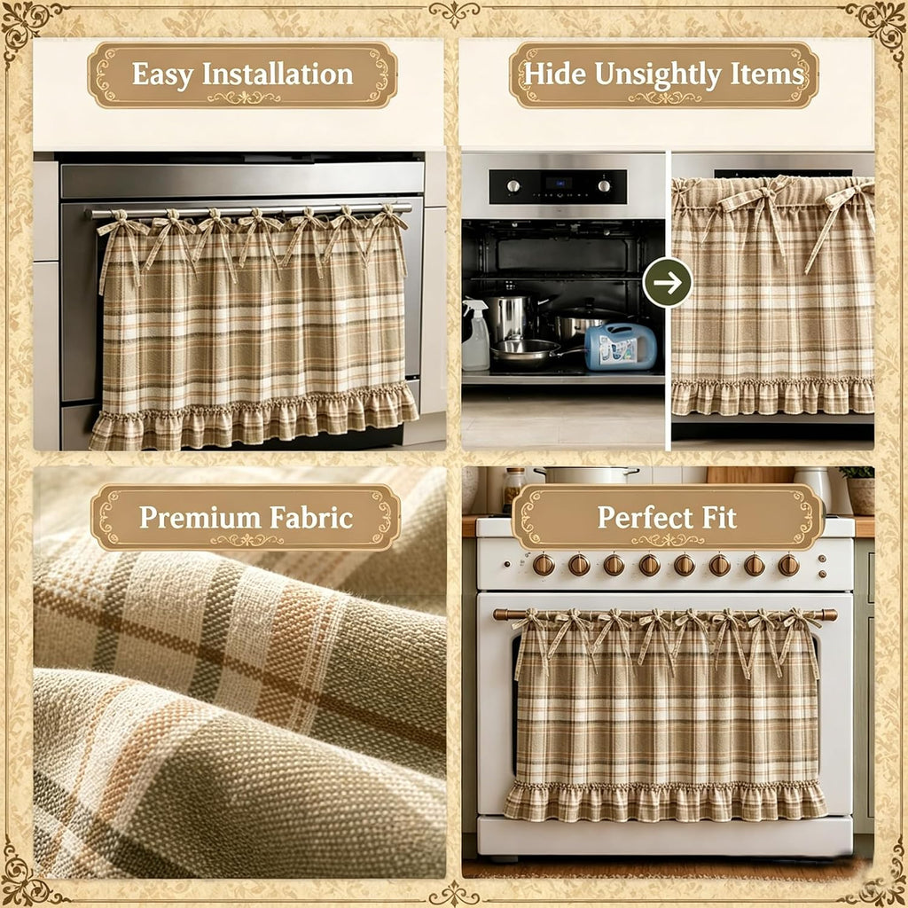 Handmade Farmhouse Hidden Skirt Curtain, Tie Top Heat‑Resistant Kitchen Curtain with Ruffles & Ribbon Ties for Oven, Stove & Dishwasher, Rustic Kitchen Décor (Brown, 22" W x 28" L)