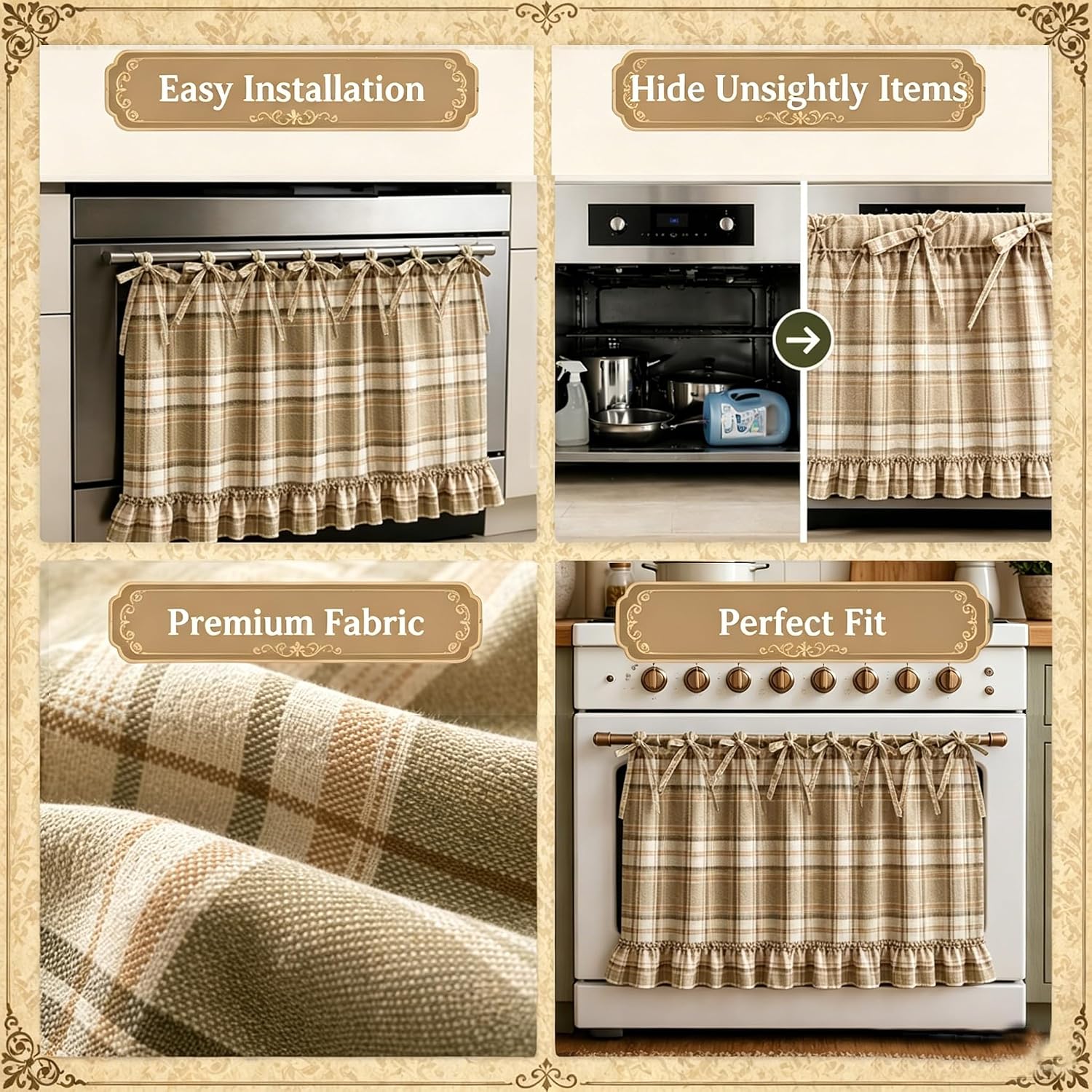 Handmade Farmhouse Hidden Skirt Curtain, Tie Top Heat‑Resistant Kitchen Curtain with Ruffles & Ribbon Ties for Oven, Stove & Dishwasher, Rustic Kitchen Décor (Brown, 22" W x 28" L)