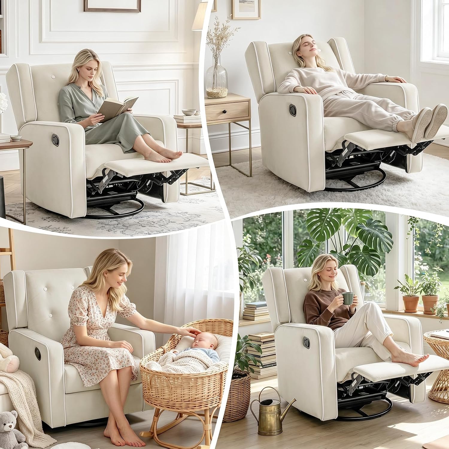 SweetGO Nursery Glider Recliner, 360° Swivel Microfiber Rocker w/Footrest | Ergonomic lumbar support, quiet glide, reinforced frame, tool-free assembly, 135° recline