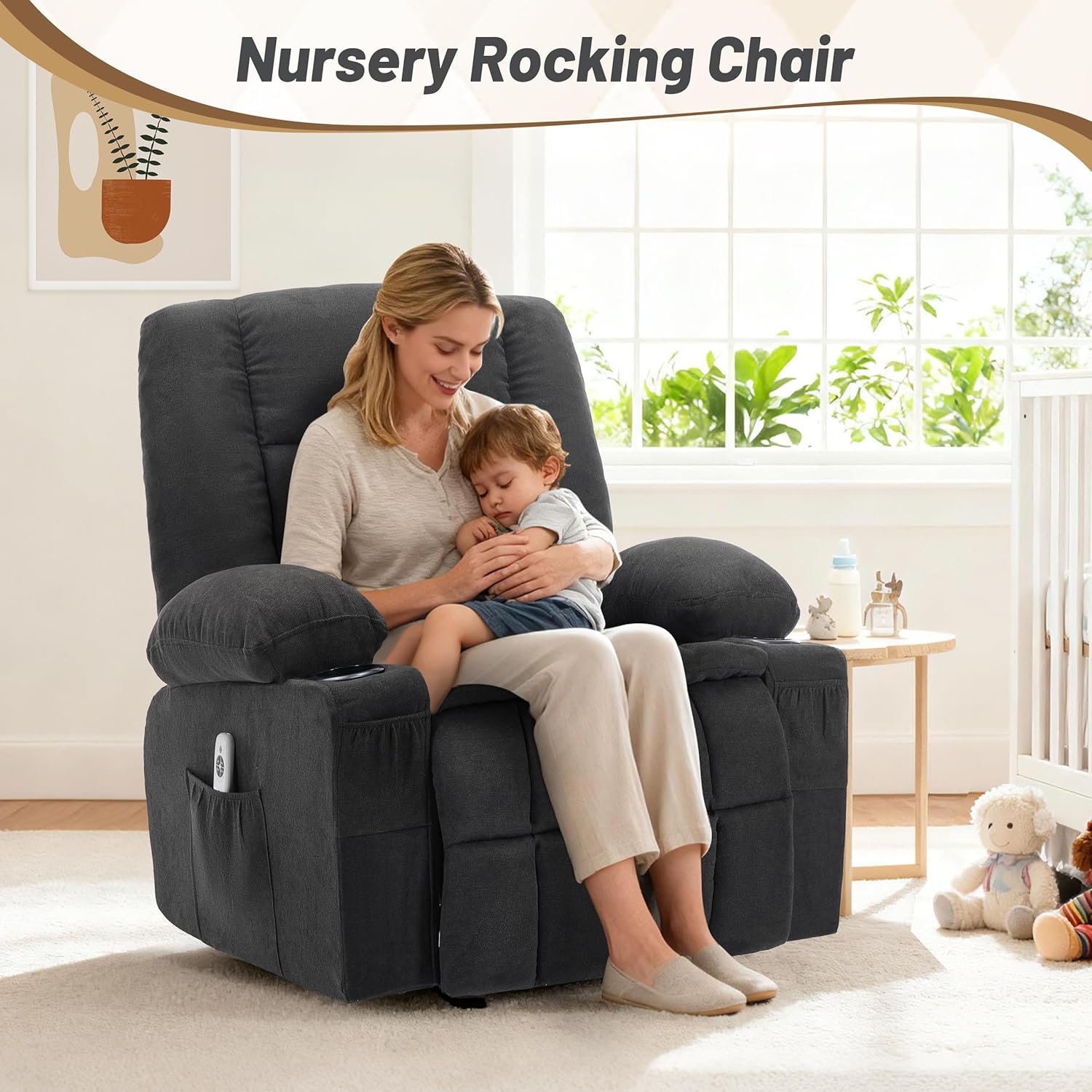 Rocker Recliner Chair with Massage and Heat, Recliner Chair for Adults, Nursery Rocking Chairs for Living Room, Ergonomic Comfy Relining Chair with Cup Holders, USB Charge Port, Side Pockets, Black