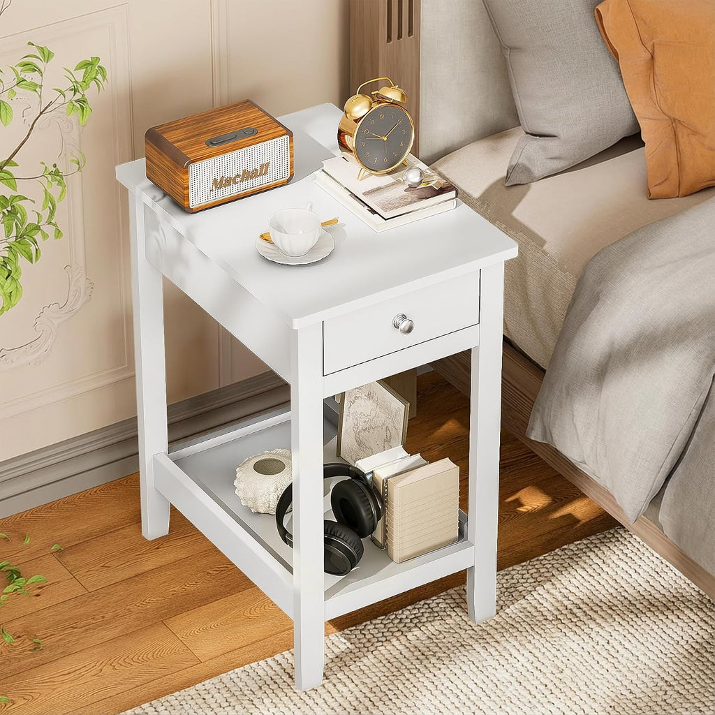 SEJOV End Table Set of 2, Narrow Night Stand with Drawer and Shelves, 2-Tier Small Wood Look Accent Side Tables Living Room Bedroom Office, White