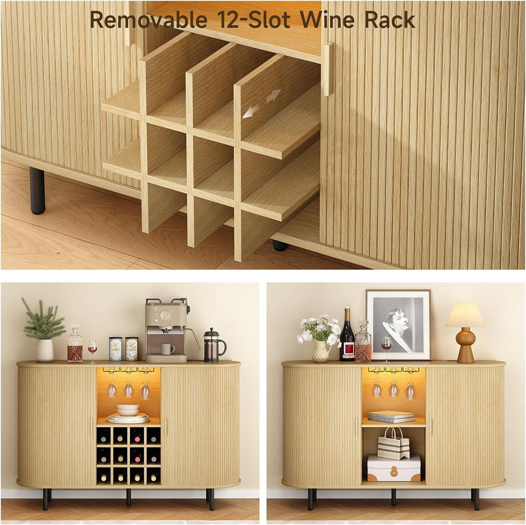ONBRILL 55" Wine Bar Cabinet with LED Light,Modern Liquor Whiskey Coffee Station with Wine Rack and Glass Holder, Farmhouse Buffet Sideboard with Storage for Living Room, Kitchen, Entryway (Oak)
