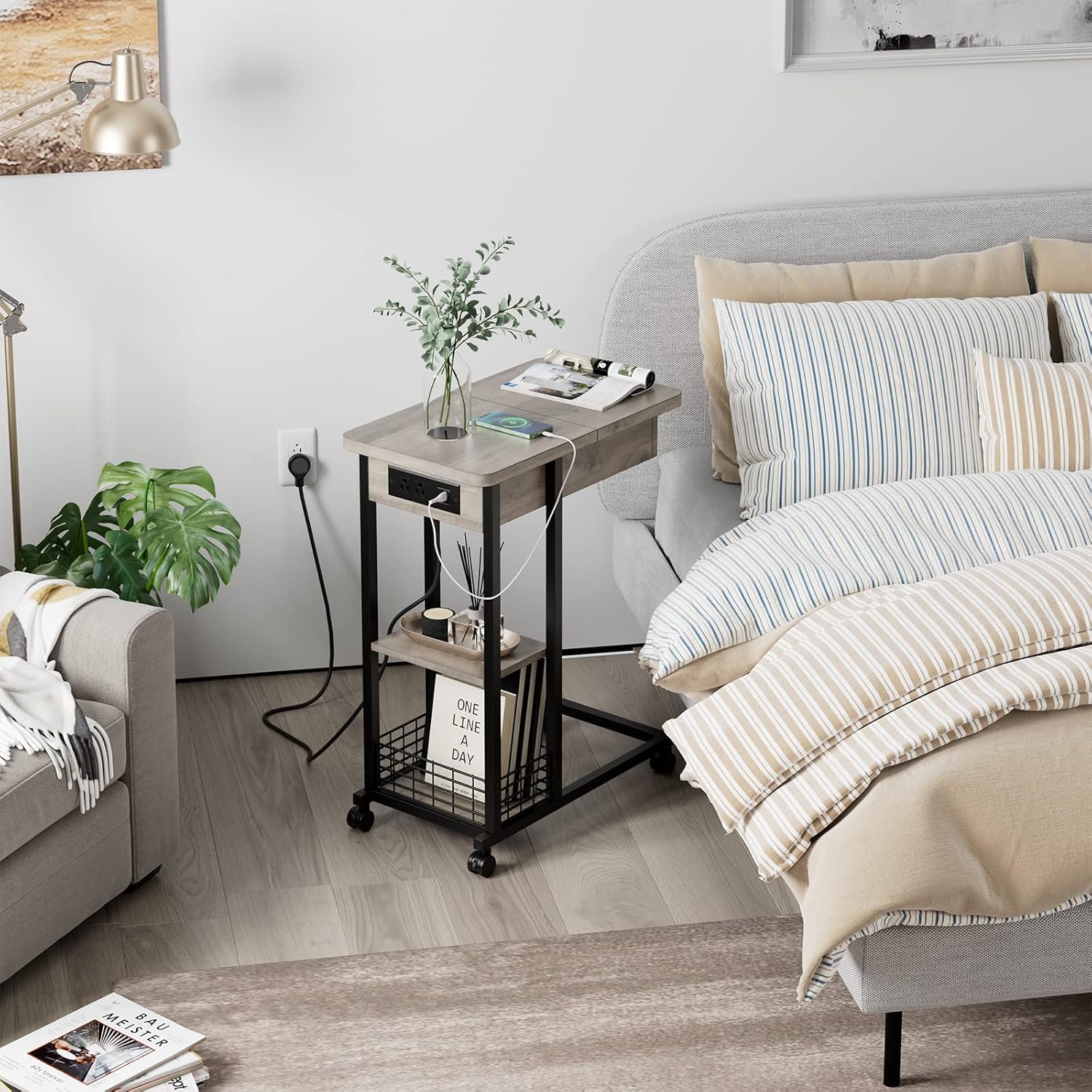IDEALHOUSE C Shaped End Table with Charging Station, Grey Flip Top Sofa Table with USB Ports and Outlets, Narrow Side Table with 3 Tier Storage Shelf for Living Room, Bedroom, Small Spaces