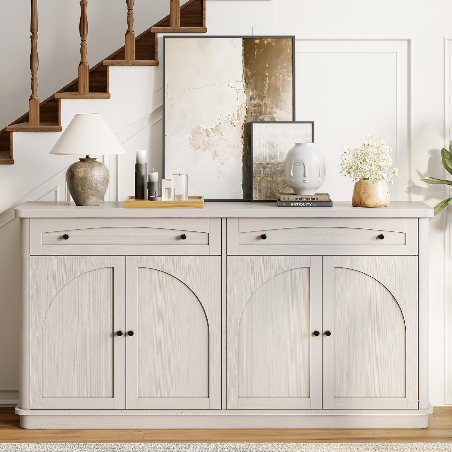 ONBRILL 63 Inch Buffet Cabinet with Storage, Curved Sideboard Cabinet with 2 Drawers and 4 Arched Doors, Storage Cabinets with Adjustable Shelves, Sideboard Buffet for Living Room, Kitchen, Grey Oak