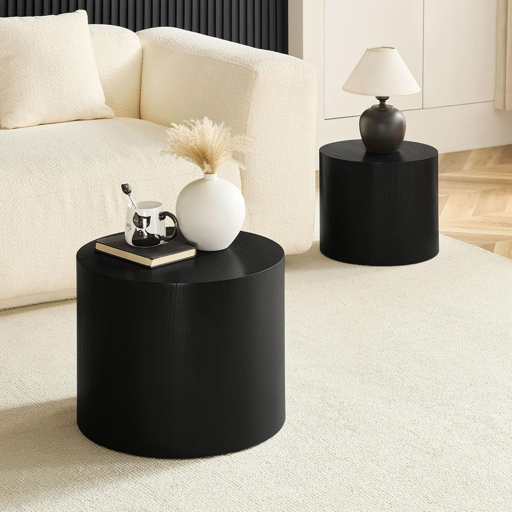 Nesting Coffee Table Set of 2, Modern Round Small Side Table Circle Accent End Table Drum Wood Center Table for Living Room Apartment Bedroom Office, No Assembly, Black