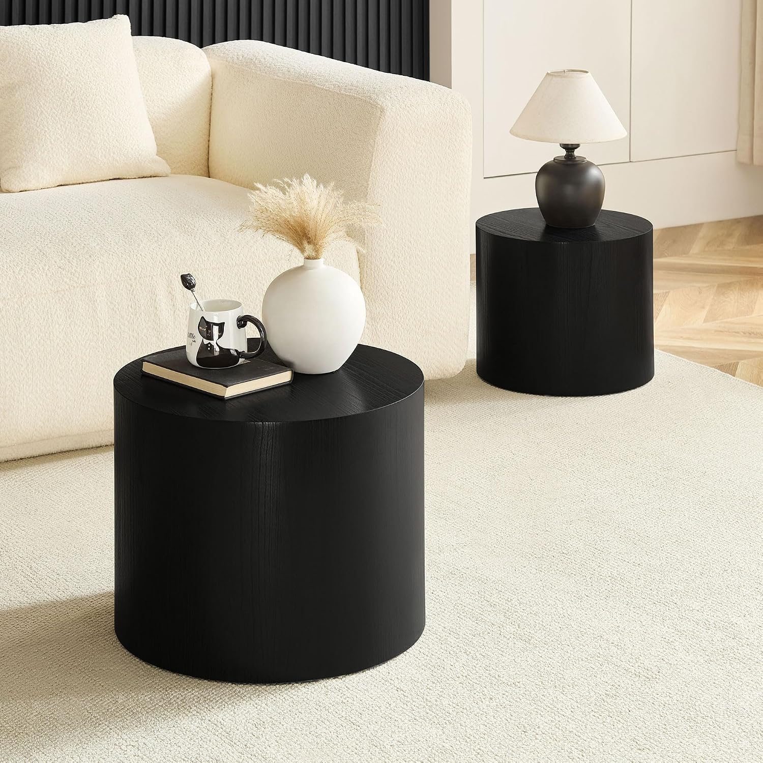 Nesting Coffee Table Set of 2, Modern Round Small Side Table Circle Accent End Table Drum Wood Center Table for Living Room Apartment Bedroom Office, No Assembly, Black