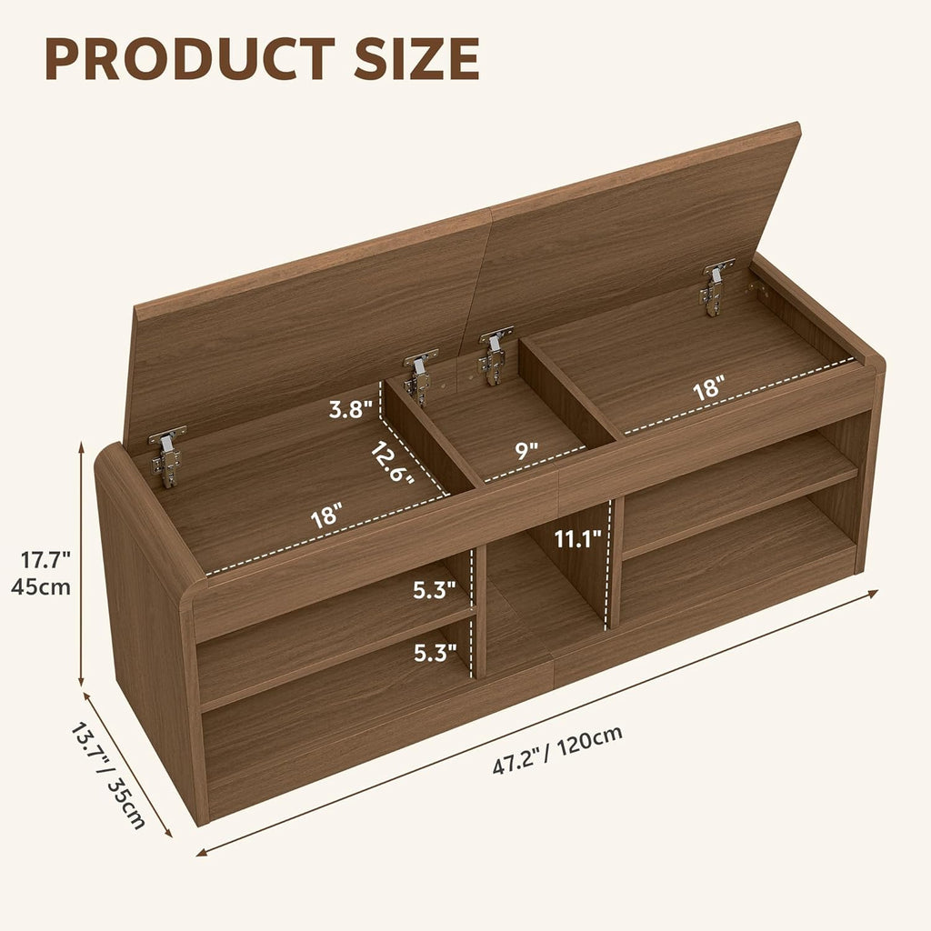 Shoe Storage Bench, 47.2in Entryway Bench with Flip-Open Storage Box, 2 Tier Shoe Rack Organizer with Shelf, Entryway Cabinet for Hallway Living Room Bedroom, Walnut