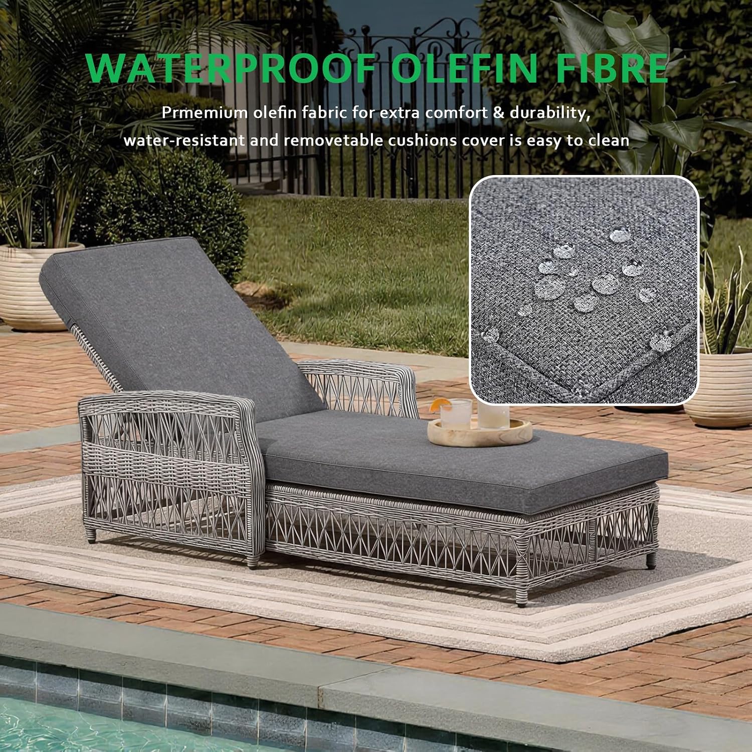 SoarFlash Wicker Chaise Lounge Set of 2, Outdoor Patio Lounge Chair with Adjustable Backrest, Side Shelf and Cushions for Poolside, Garden, Yard, Grey
