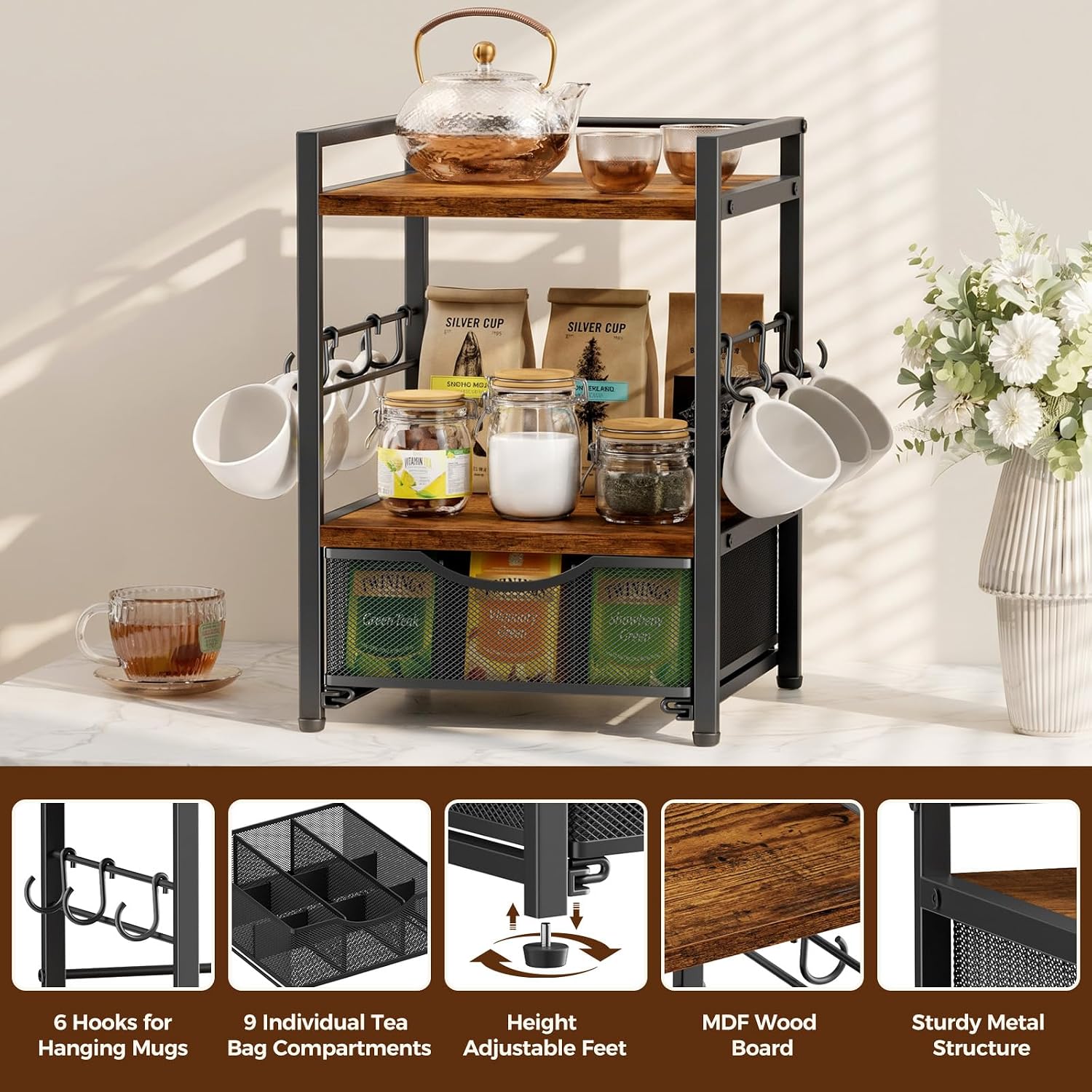 Plaviya 3-Tier Tea Bag Organizer with Drawer for Countertop | Tea Bag Holder and Storage, 9 Compartments, 6 Hooks for Cup, Utility Tea Box, Office, Kitchen, Rustic Brown