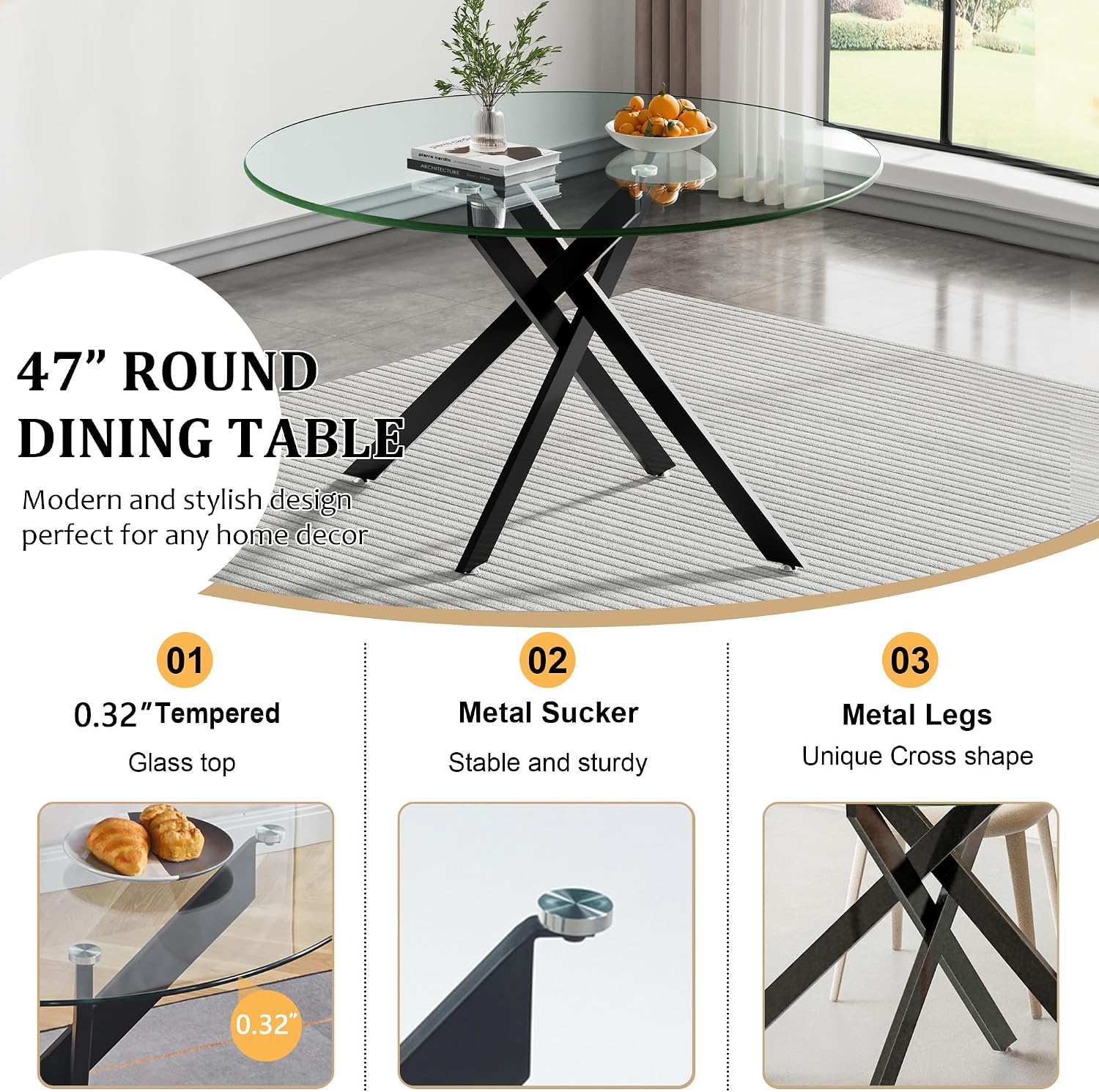 Round Glass Dining Room Table Set for 6, 7-Piece Dining Table Set with 47.2" Circle Black Glass Dinner Table & 6 Grey Velvet Tufted Chairs, Modern Kitchen Table Set for Apartment Home Office